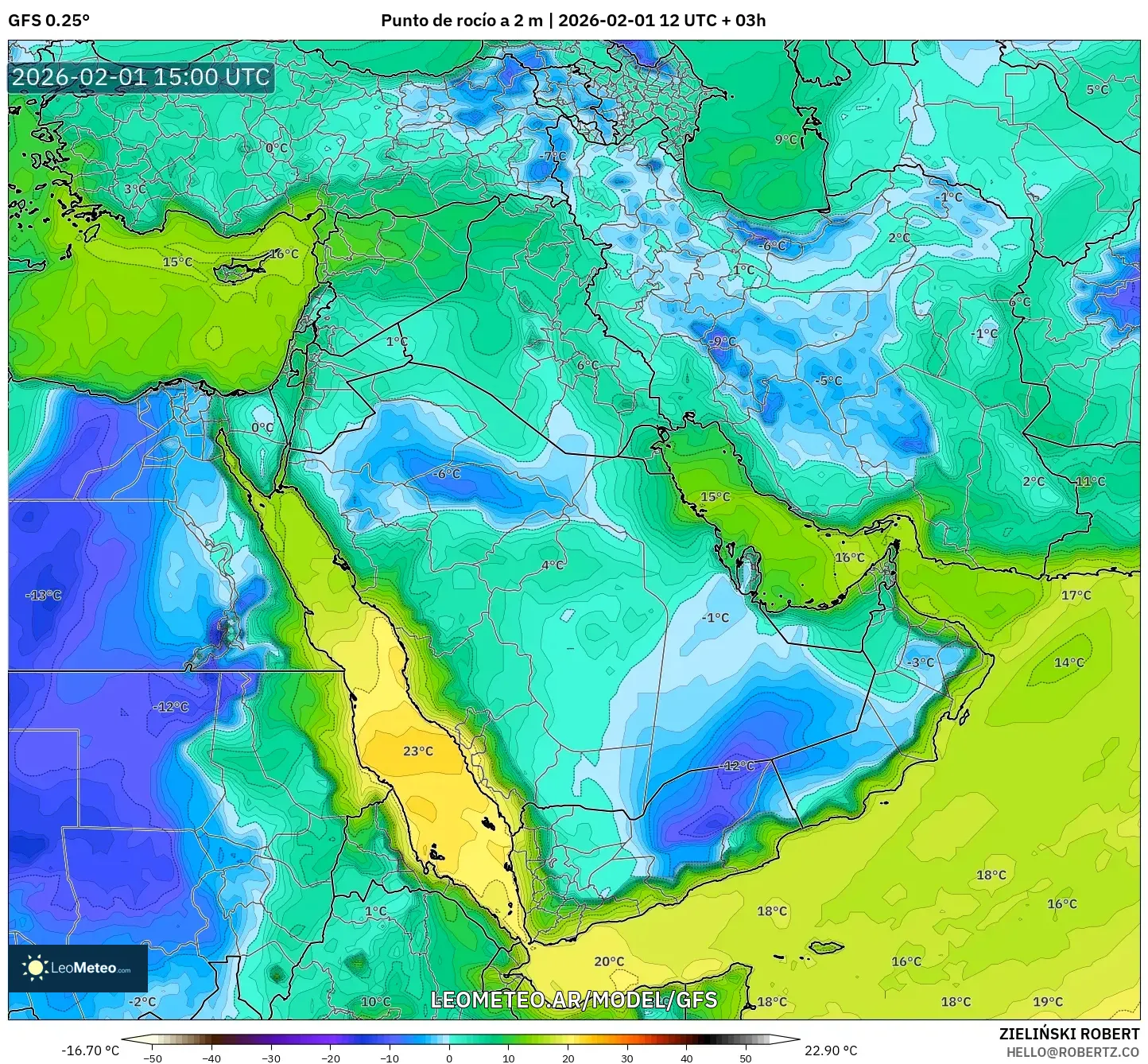 GFS model - Oriente Medio, Punto de rocío a 2 m