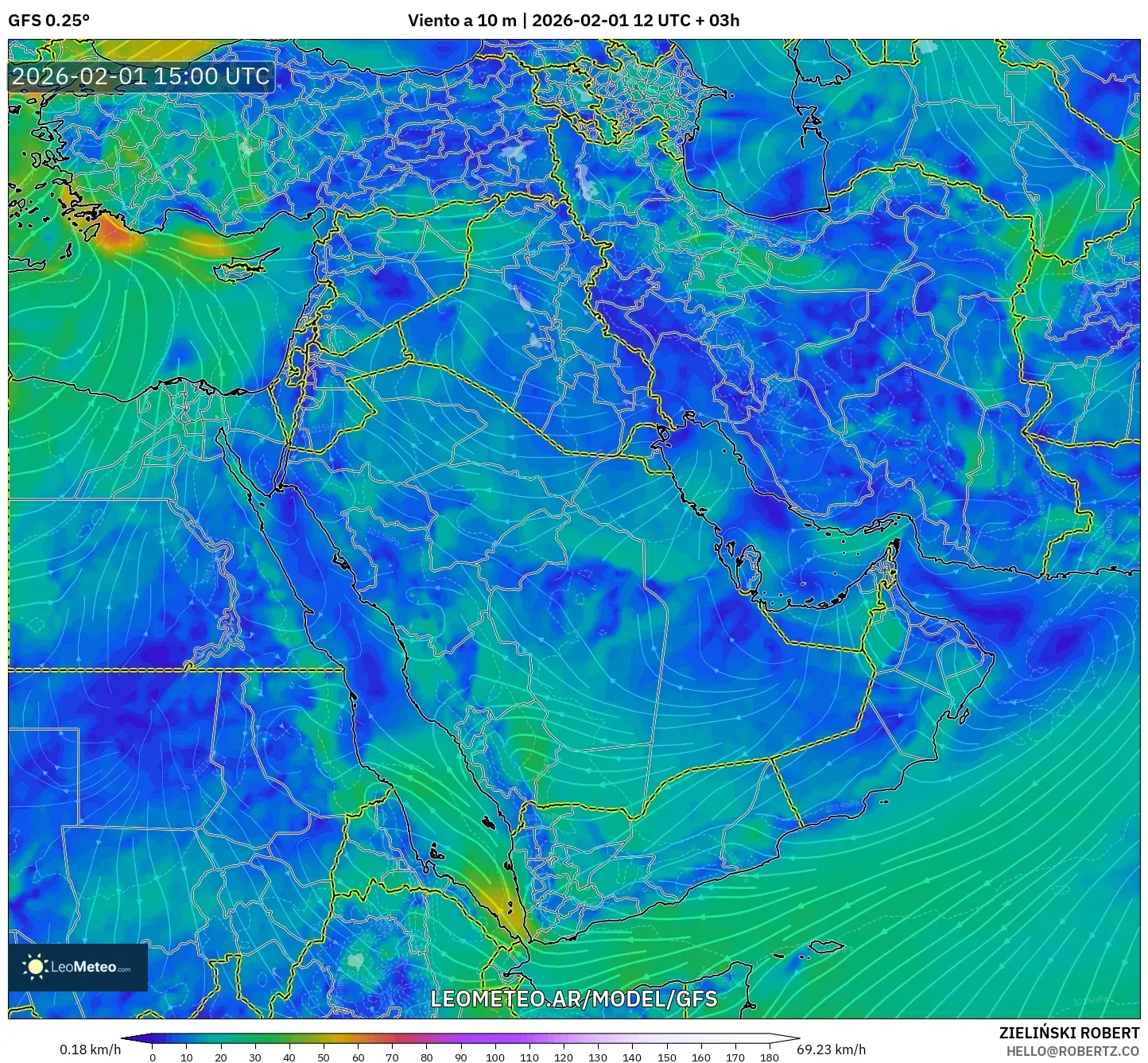 GFS model - Oriente Medio, Viento a 10 m