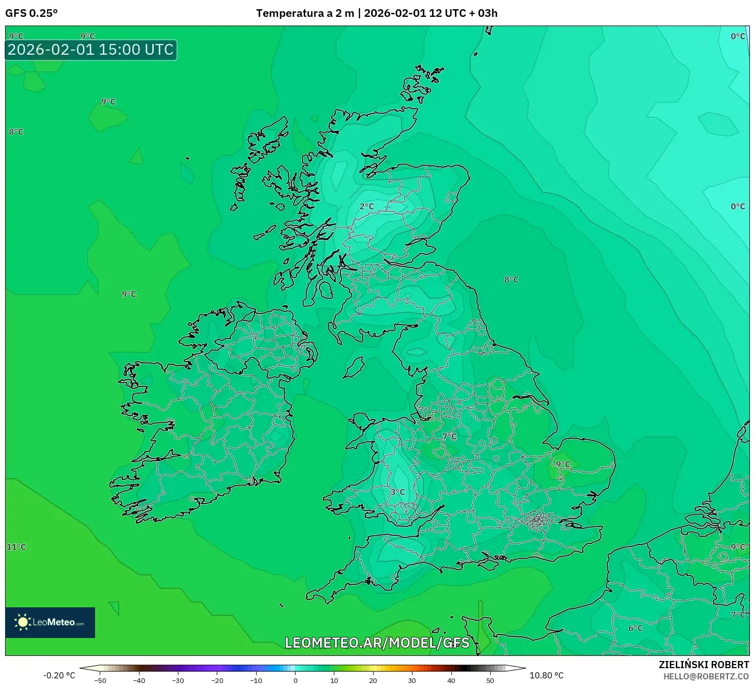 GFS model - Reino Unido, Temperatura a 2 m