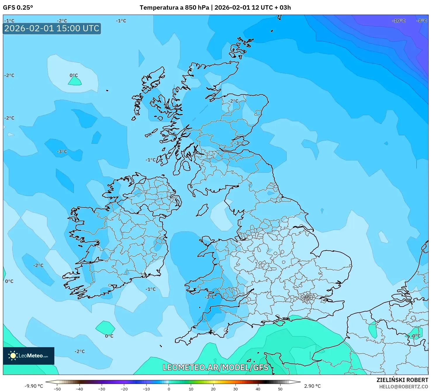 GFS model - Reino Unido, Temperatura a 850 hPa