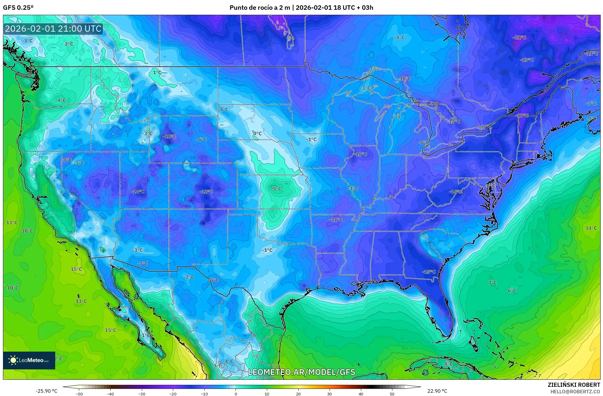 GFS model - Estados Unidos, Punto de rocío a 2 m