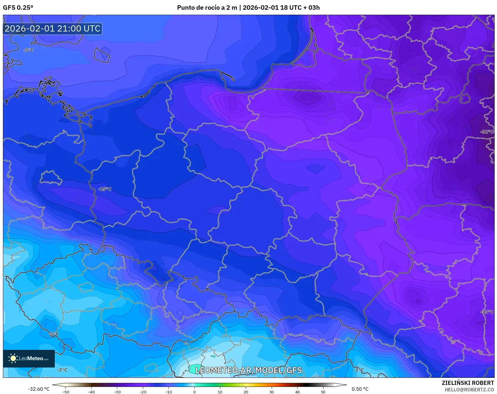 GFS model - Polonia, Punto de rocío a 2 m