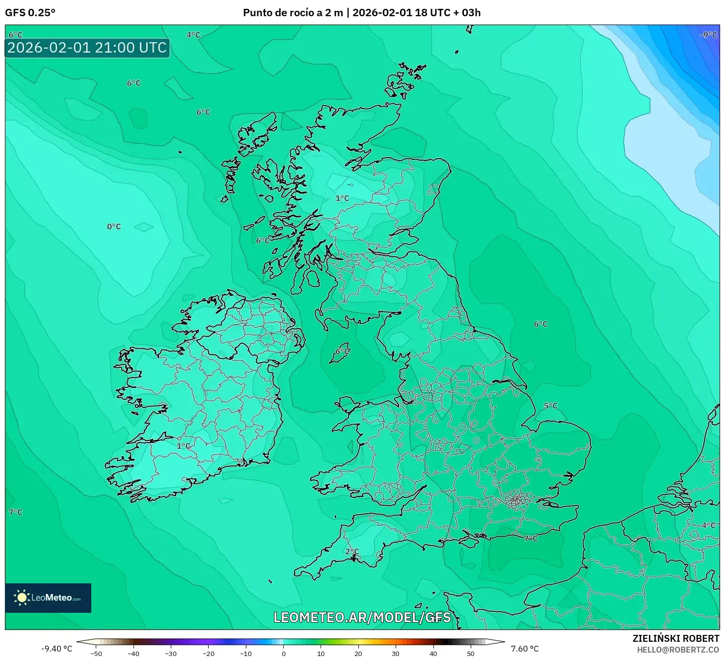 GFS model - Reino Unido, Punto de rocío a 2 m