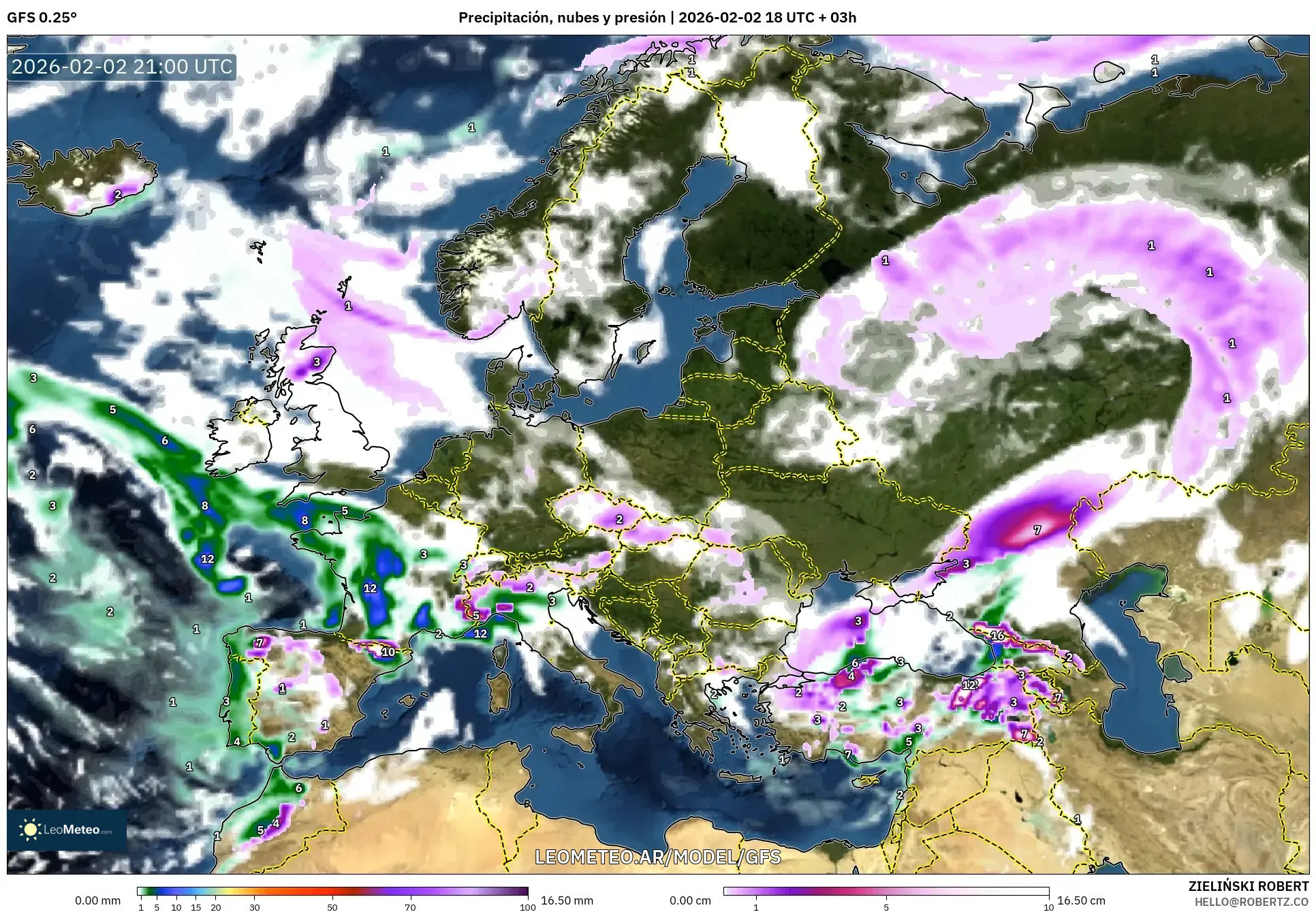 GFS model - Europa, Precipitación, nubes y presión