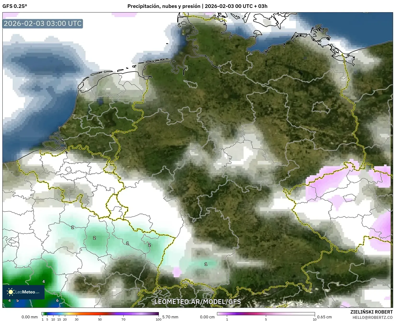 GFS model - Alemania, Precipitación, nubes y presión