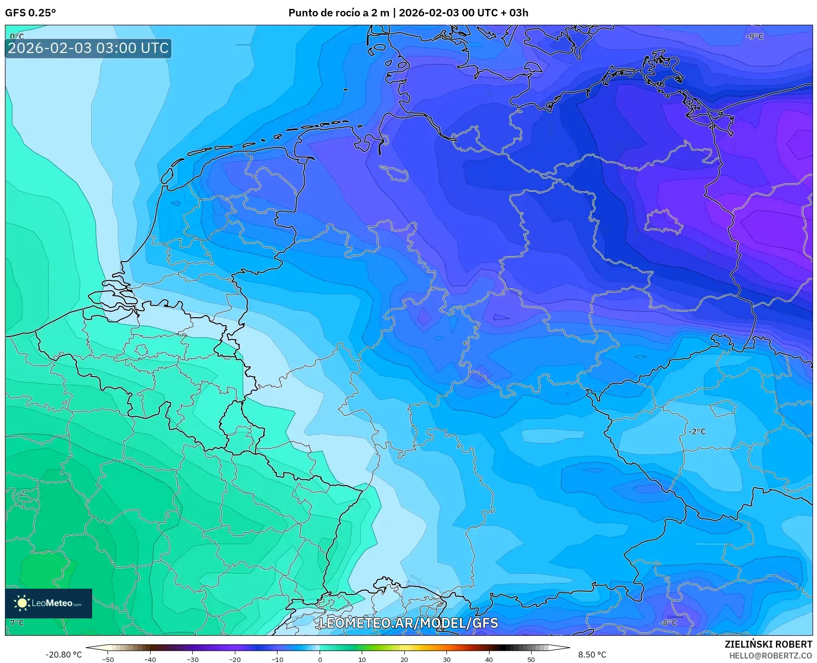 GFS model - Alemania, Punto de rocío a 2 m