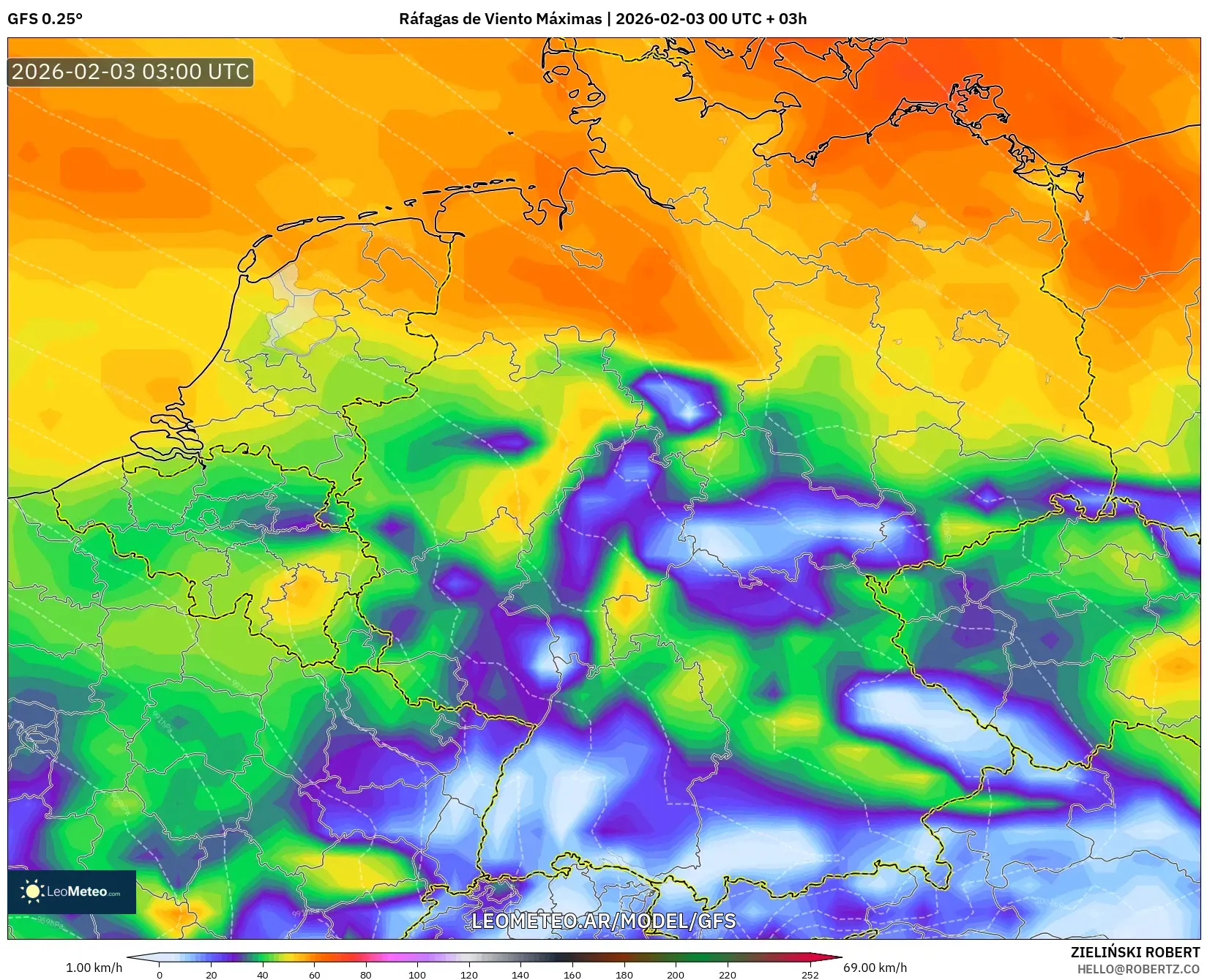 GFS model - Alemania, Ráfagas de Viento Máximas