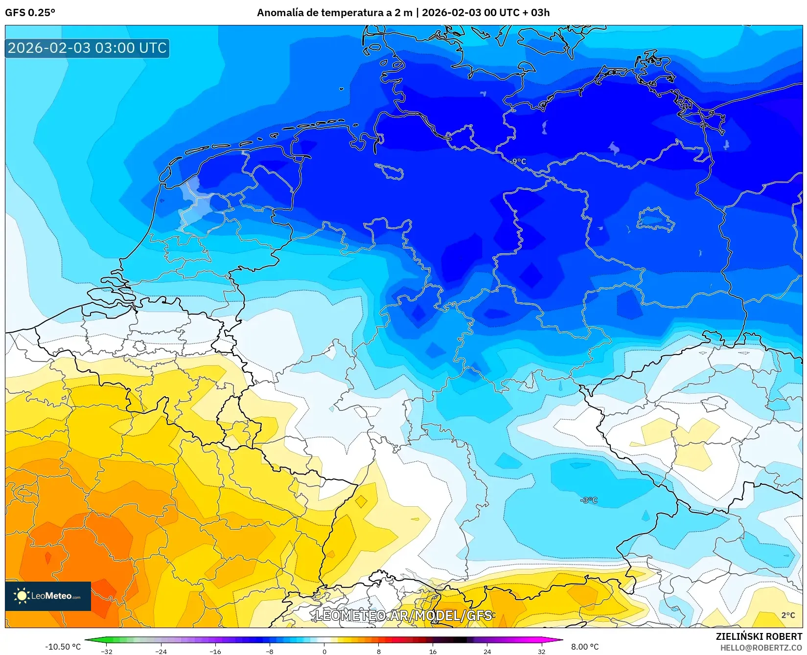 GFS model - Alemania, Anomalía de temperatura a 2 m