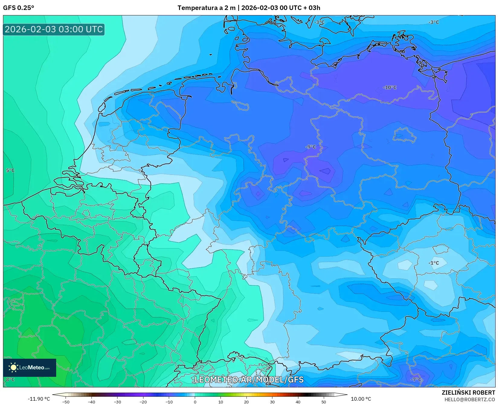 GFS model - Alemania, Temperatura a 2 m