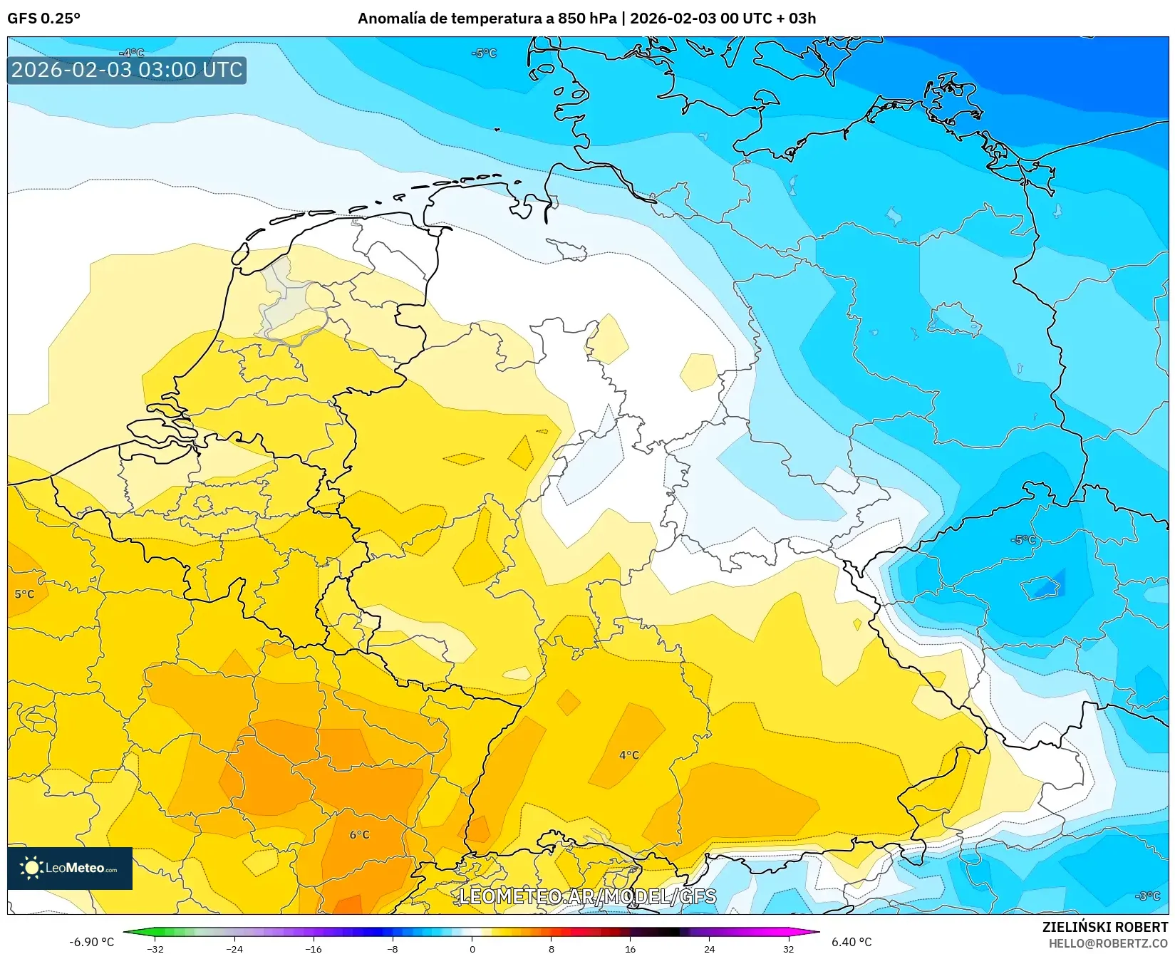 GFS model - Alemania, Anomalía de temperatura a 850 hPa