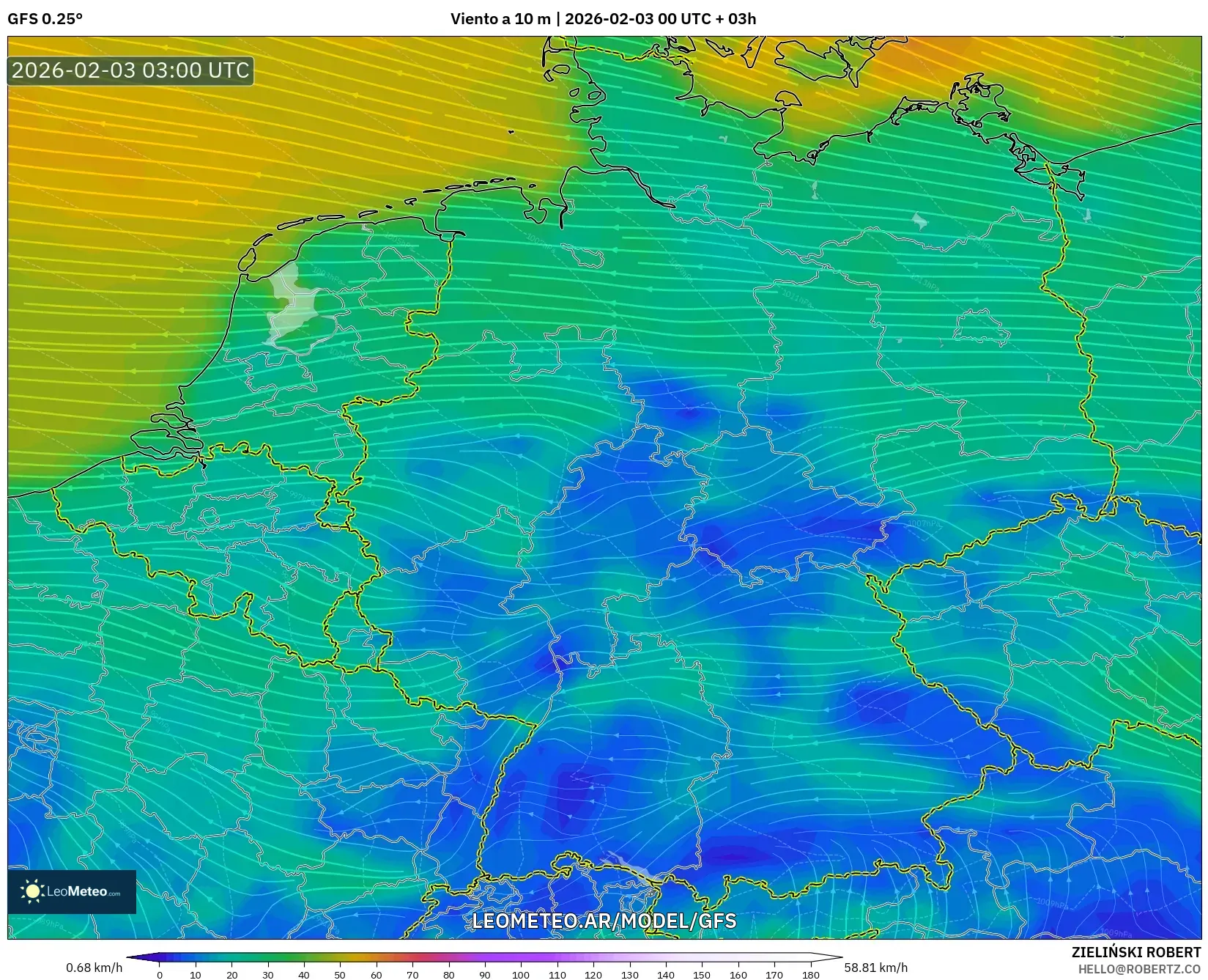 GFS model - Alemania, Viento a 10 m