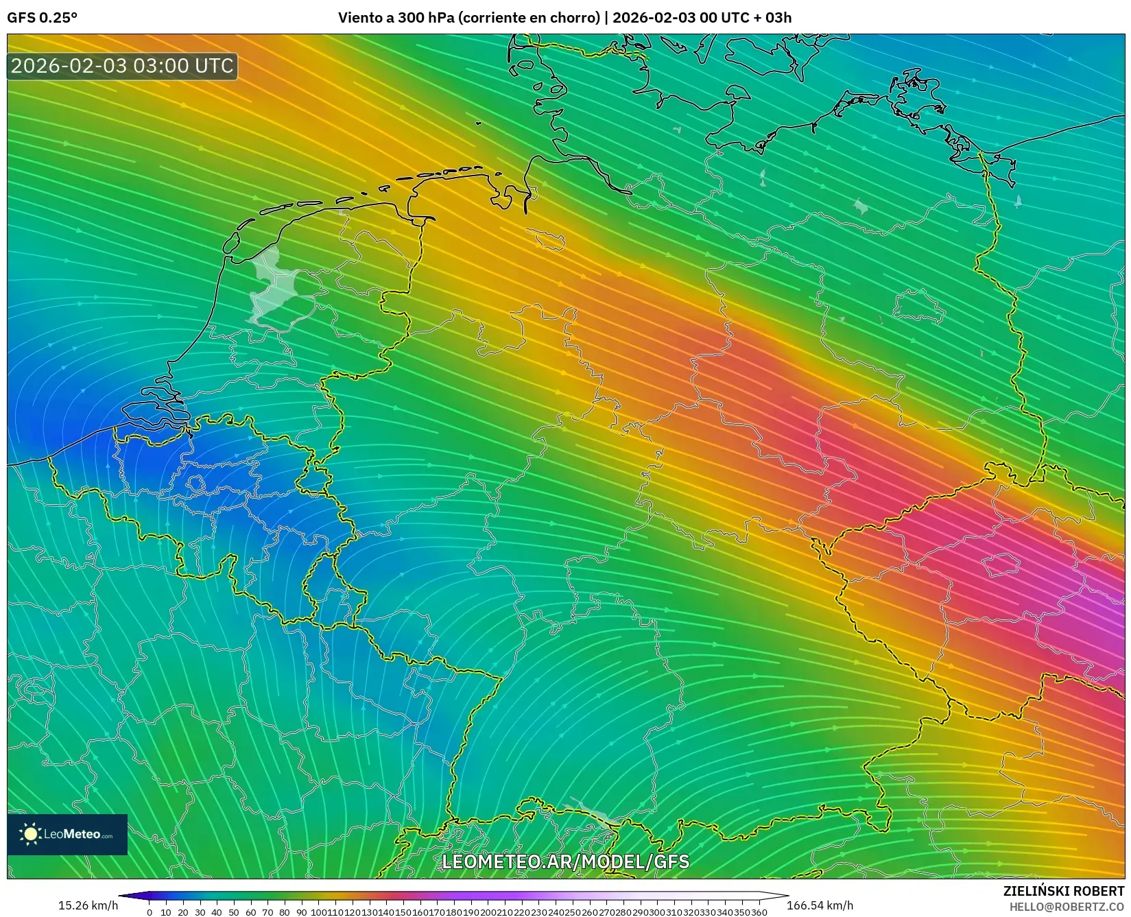 GFS model - Alemania, Viento a 300 hPa (corriente en chorro)
