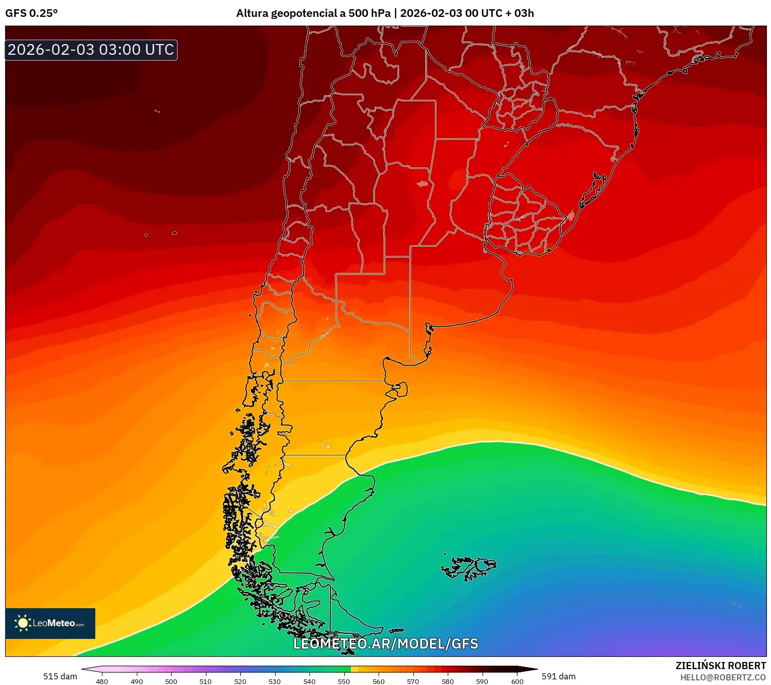 GFS model - Argentina, Altura geopotencial a 500 hPa
