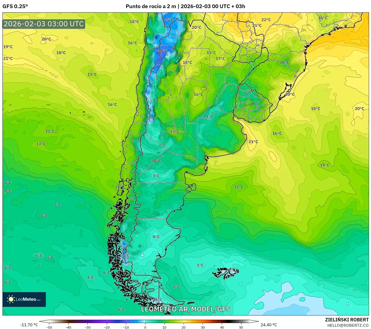 GFS model - Argentina, Punto de rocío a 2 m