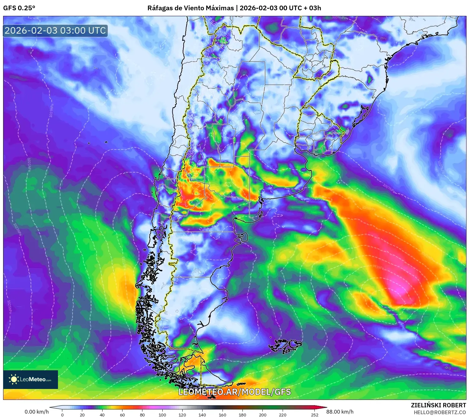 GFS model - Argentina, Ráfagas de Viento Máximas