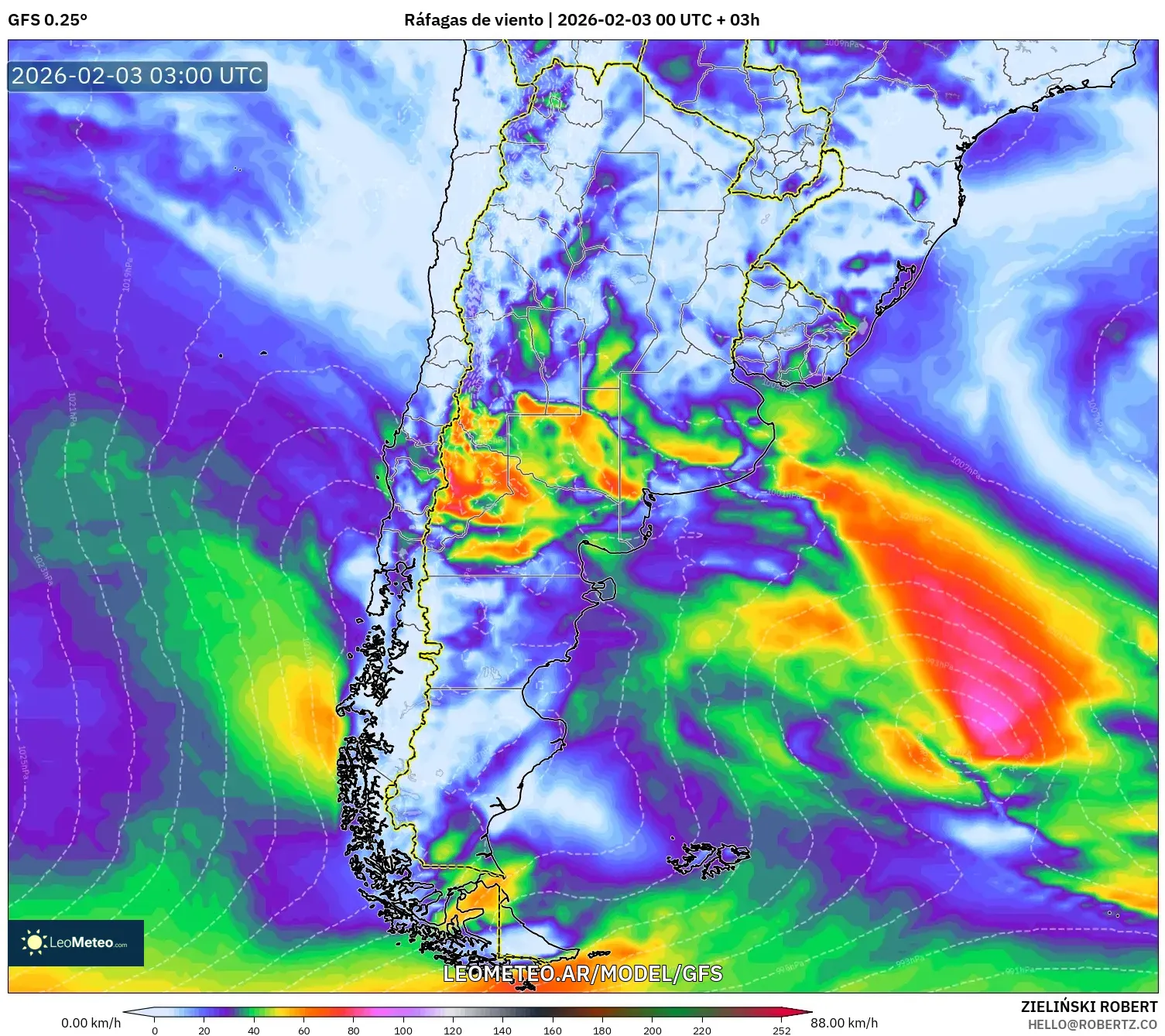 GFS model - Argentina, Ráfagas de viento