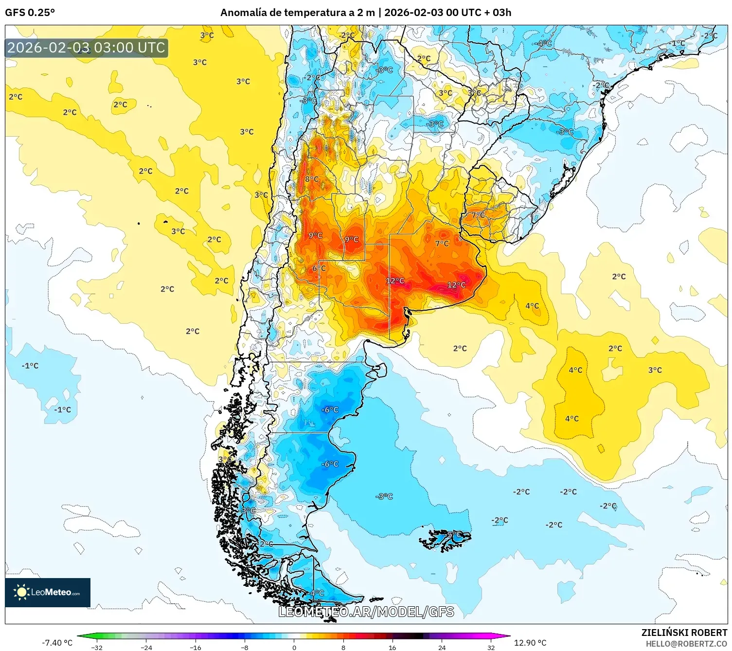 GFS model - Argentina, Anomalía de temperatura a 2 m