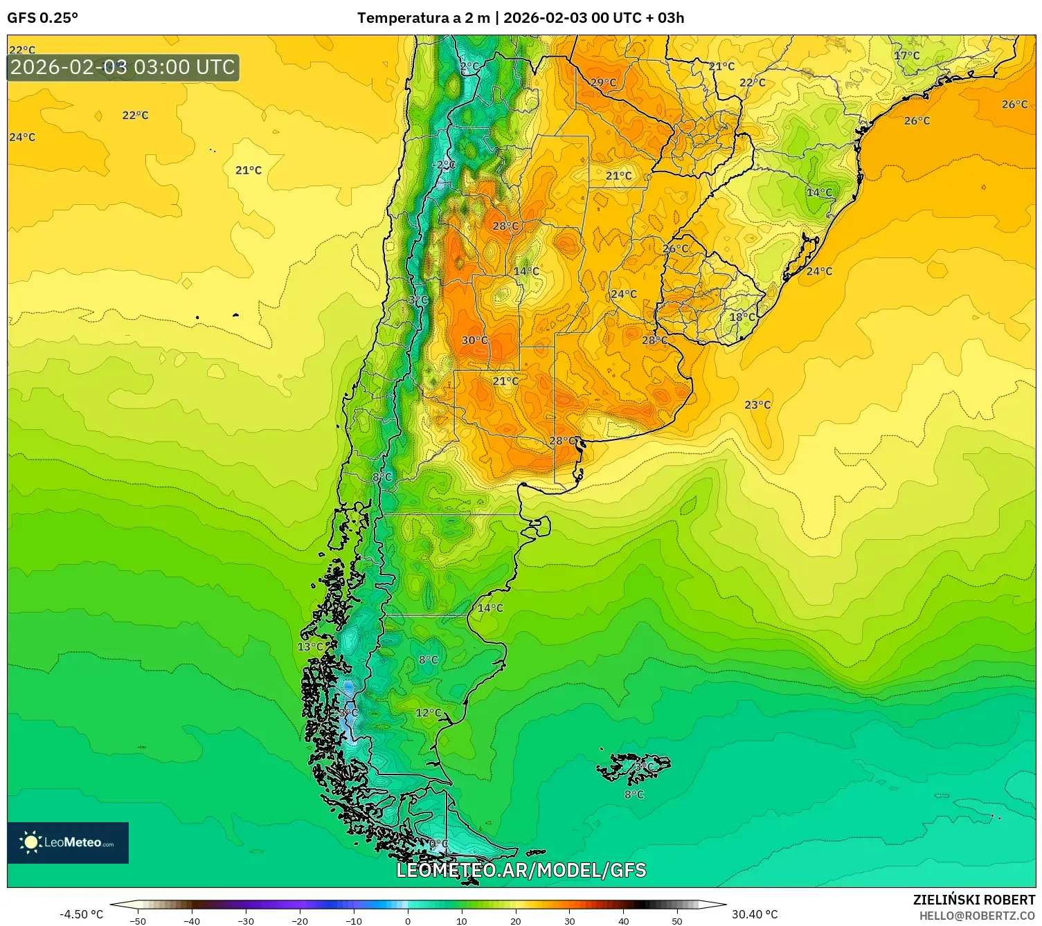 GFS model - Argentina, Temperatura a 2 m