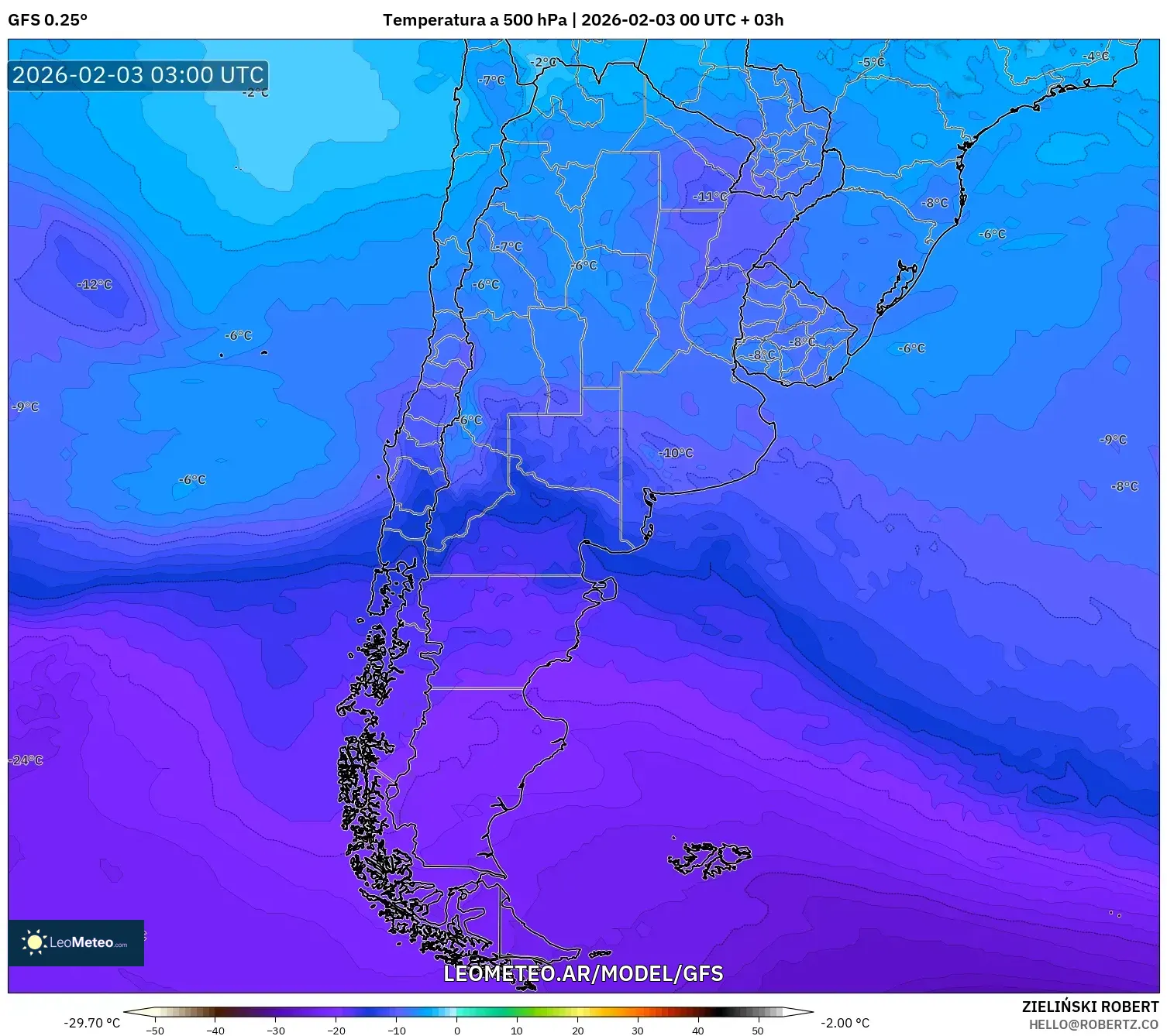 GFS model - Argentina, Temperatura a 500 hPa