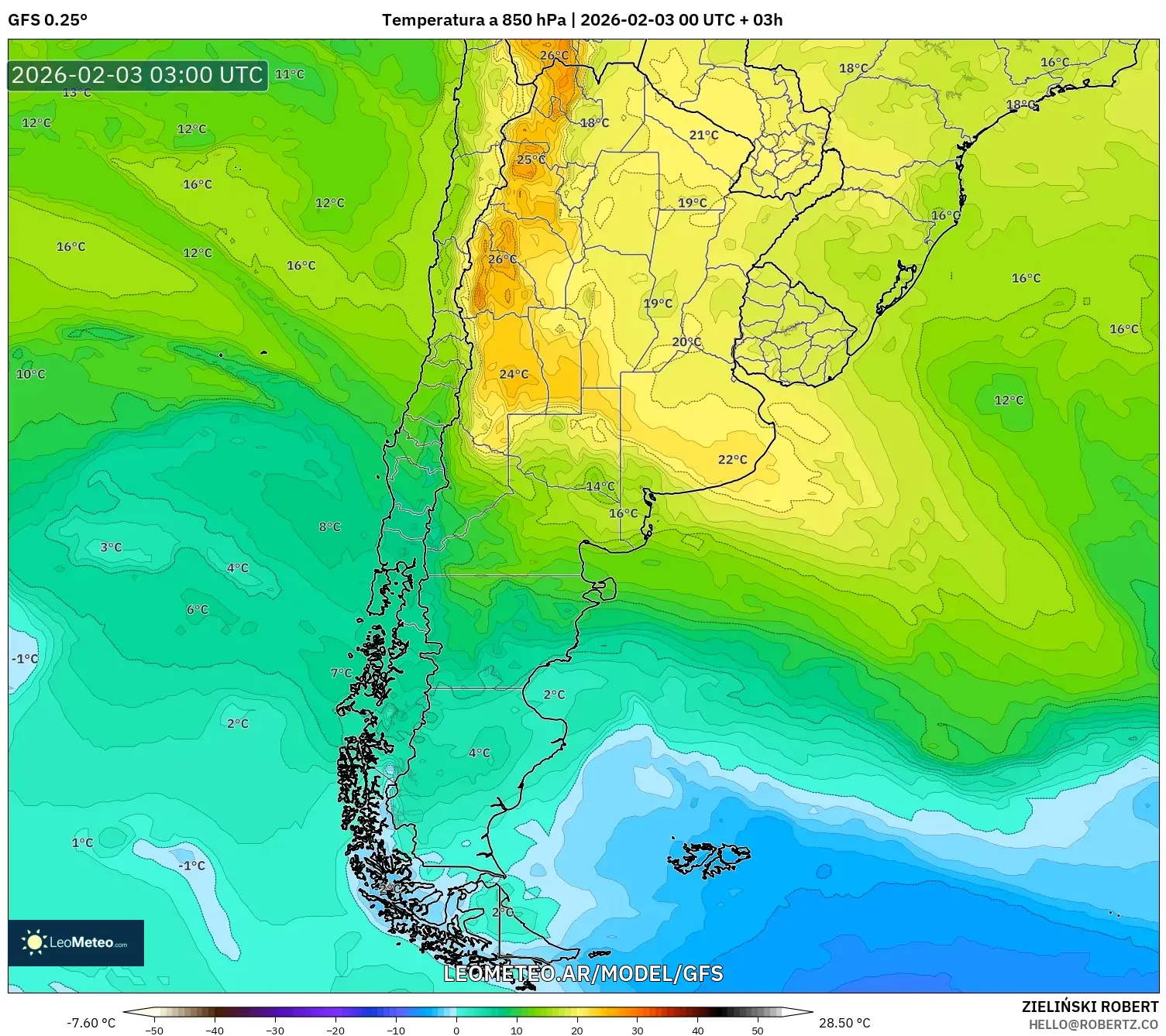 GFS model - Argentina, Temperatura a 850 hPa