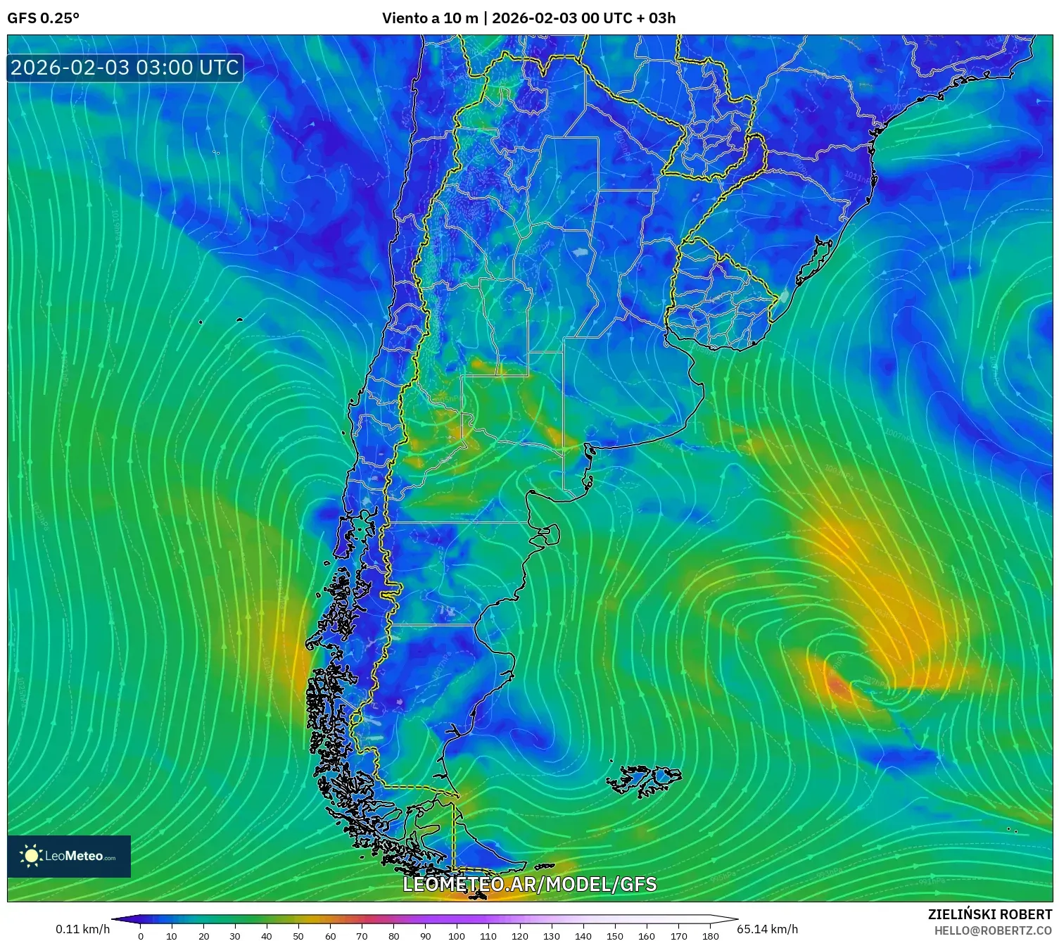 GFS model - Argentina, Viento a 10 m