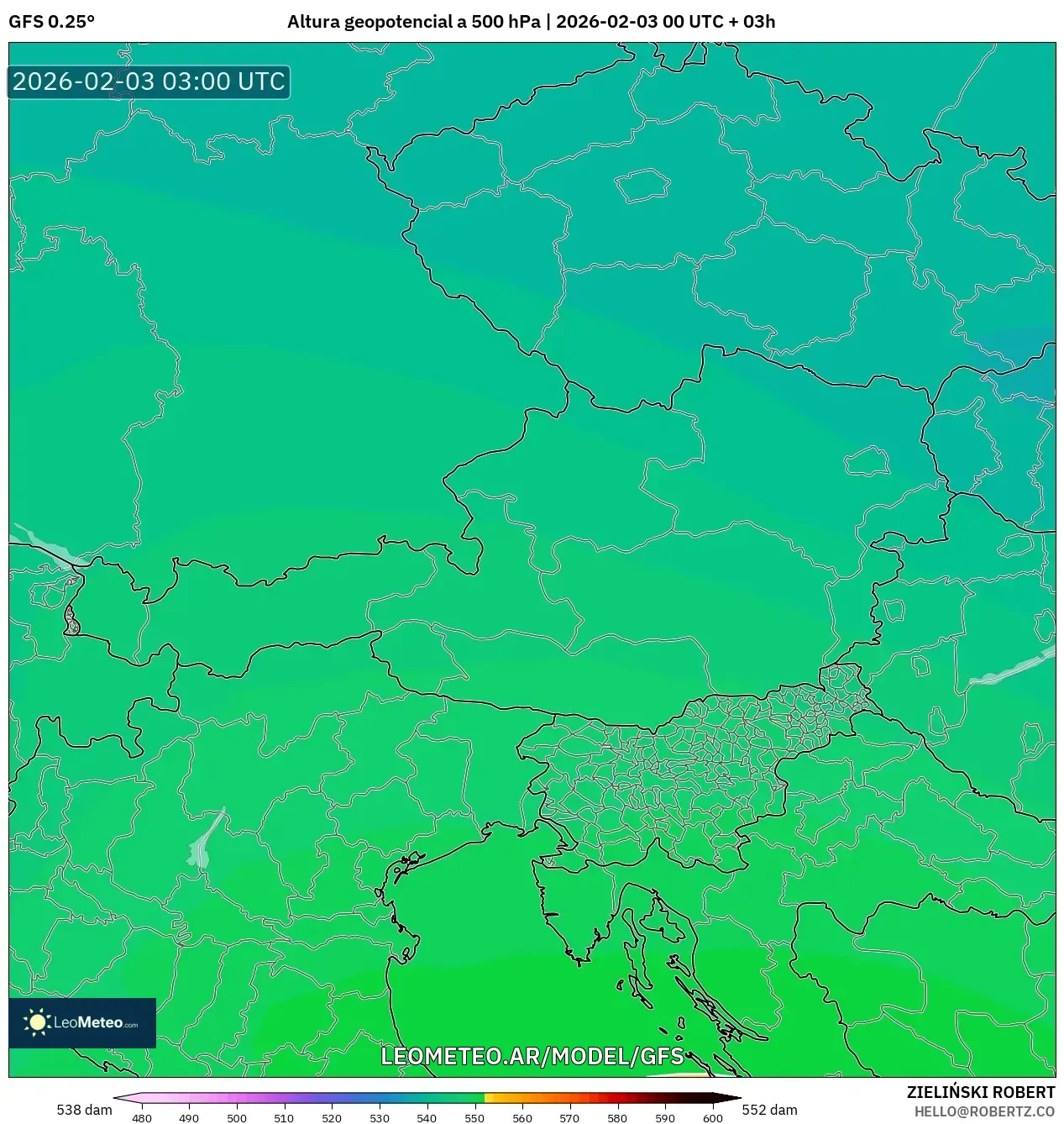 GFS model - Austria, Altura geopotencial a 500 hPa