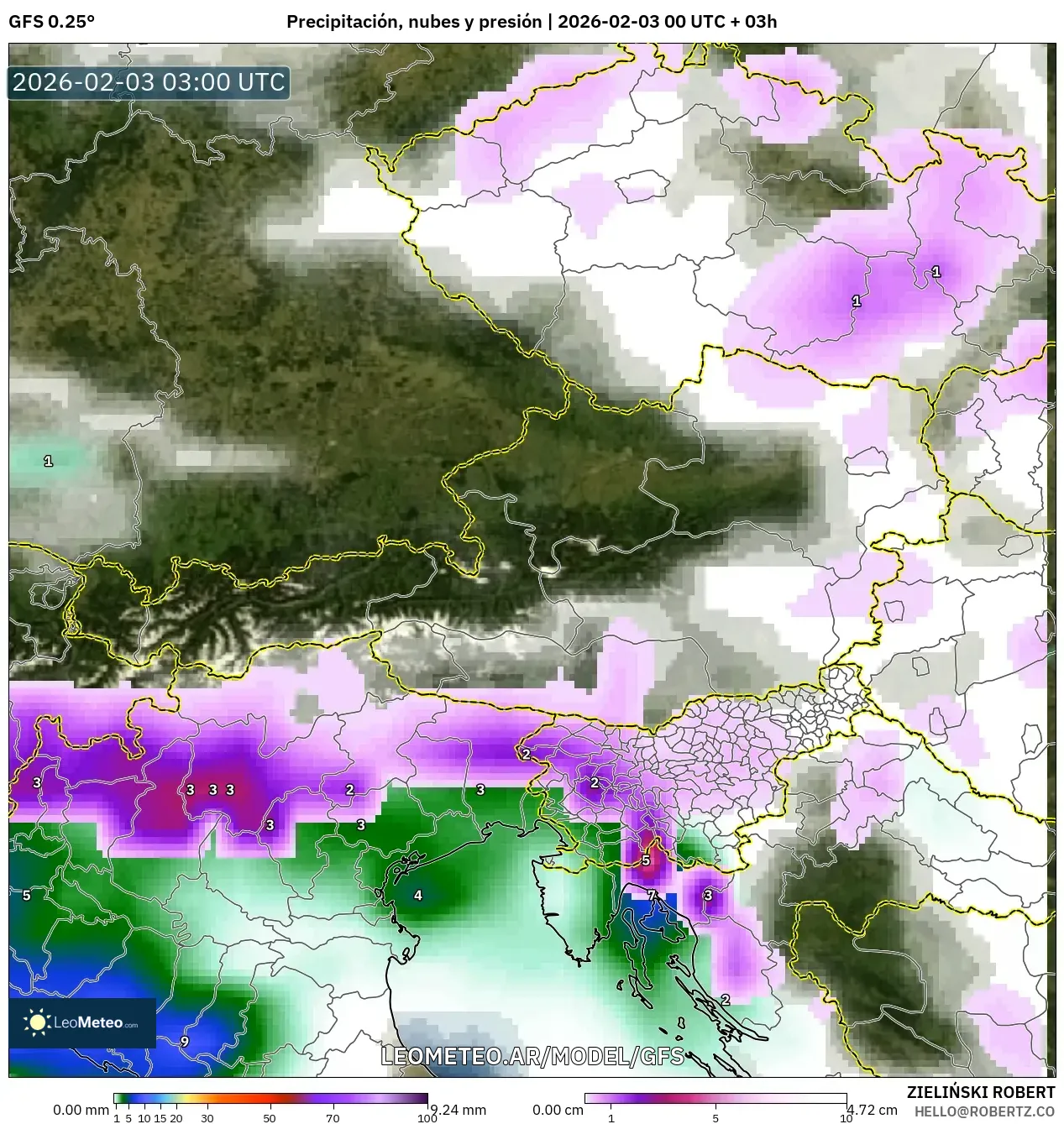 GFS model - Austria, Precipitación, nubes y presión