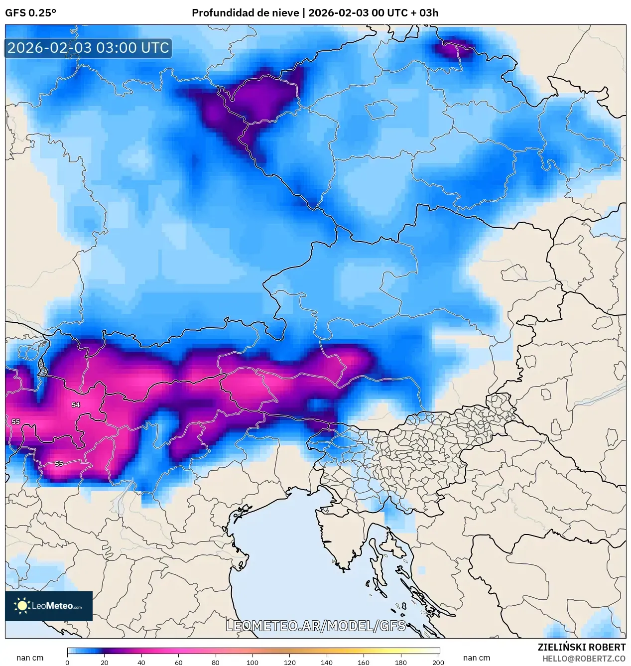 GFS model - Austria, Profundidad de nieve