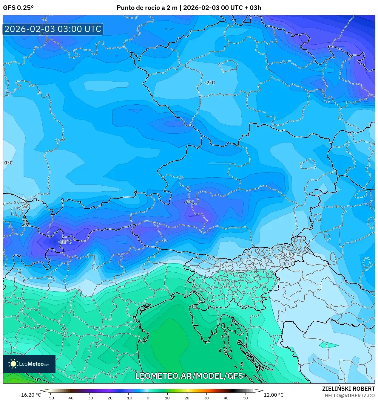 GFS model - Austria, Punto de rocío a 2 m
