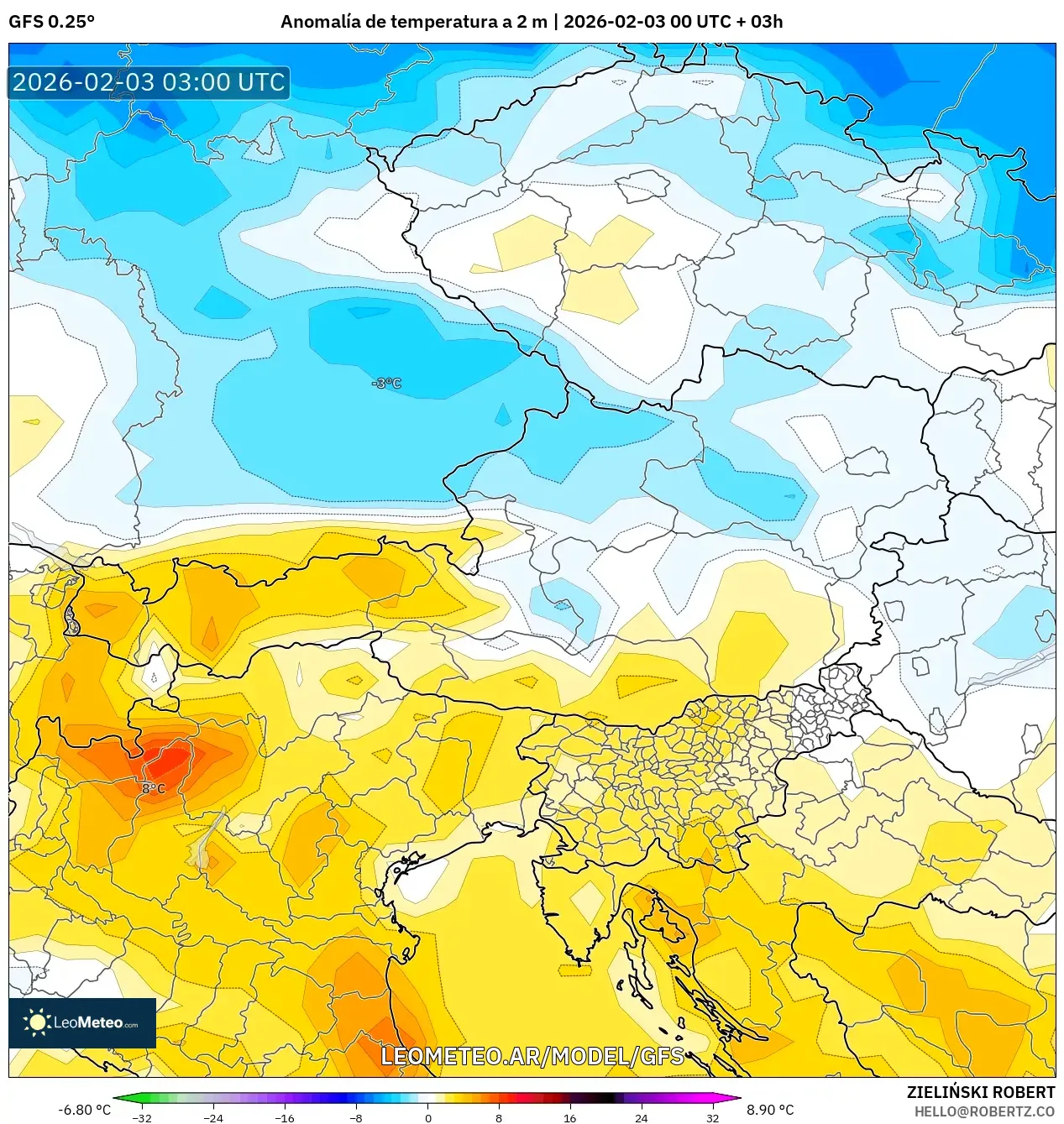 GFS model - Austria, Anomalía de temperatura a 2 m