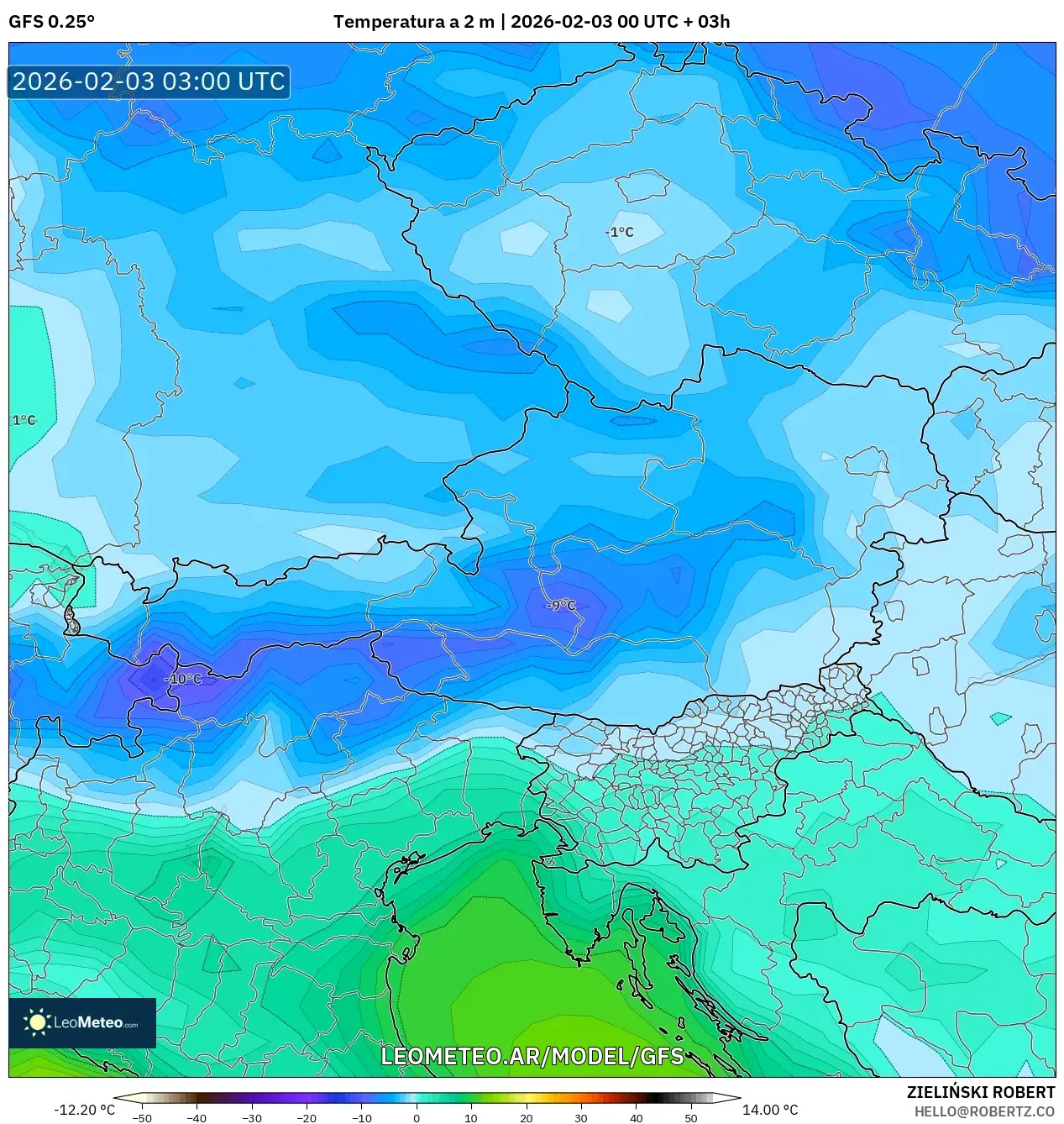 GFS model - Austria, Temperatura a 2 m