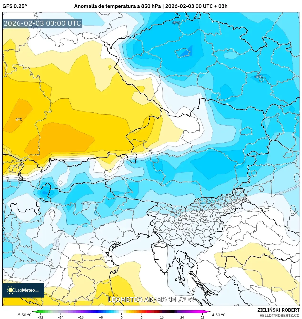 GFS model - Austria, Anomalía de temperatura a 850 hPa
