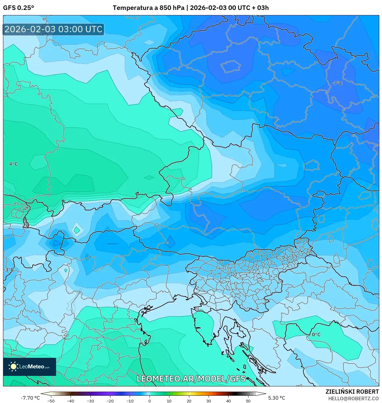 GFS model - Austria, Temperatura a 850 hPa