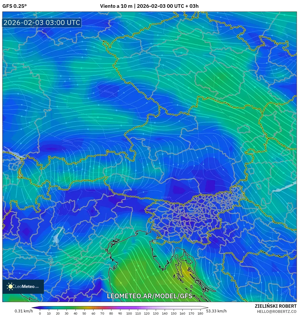 GFS model - Austria, Viento a 10 m