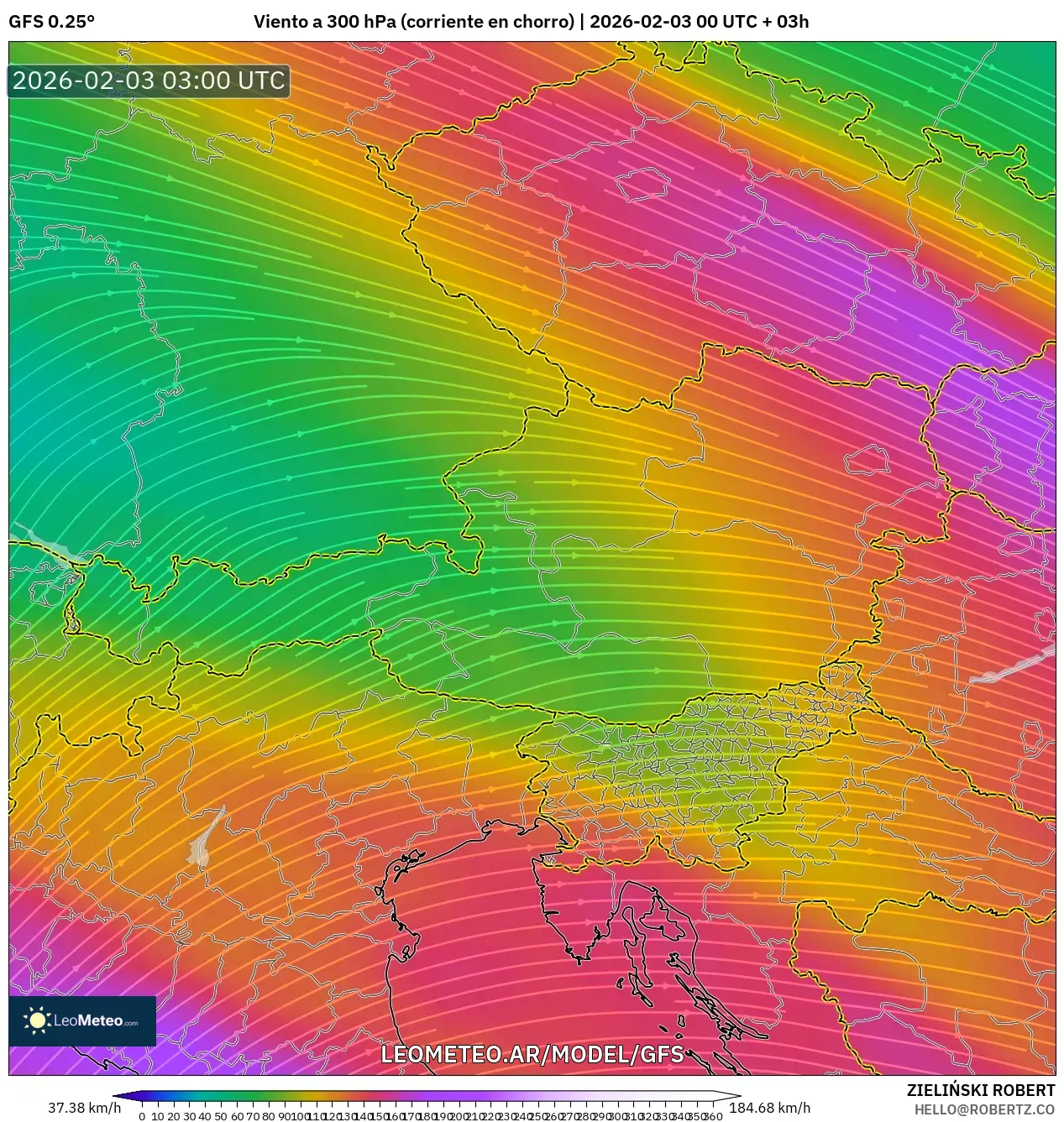 GFS model - Austria, Viento a 300 hPa (corriente en chorro)