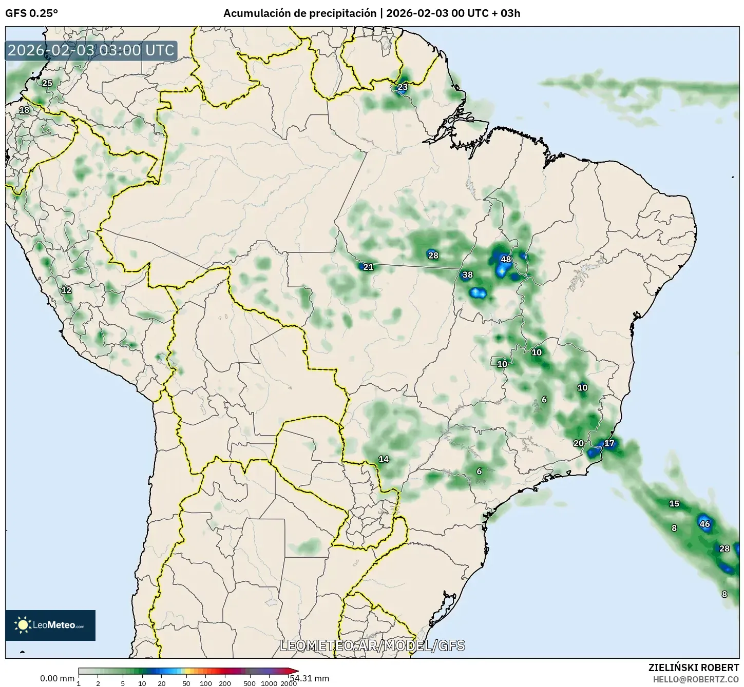 GFS model - Brasil, Acumulación de precipitación