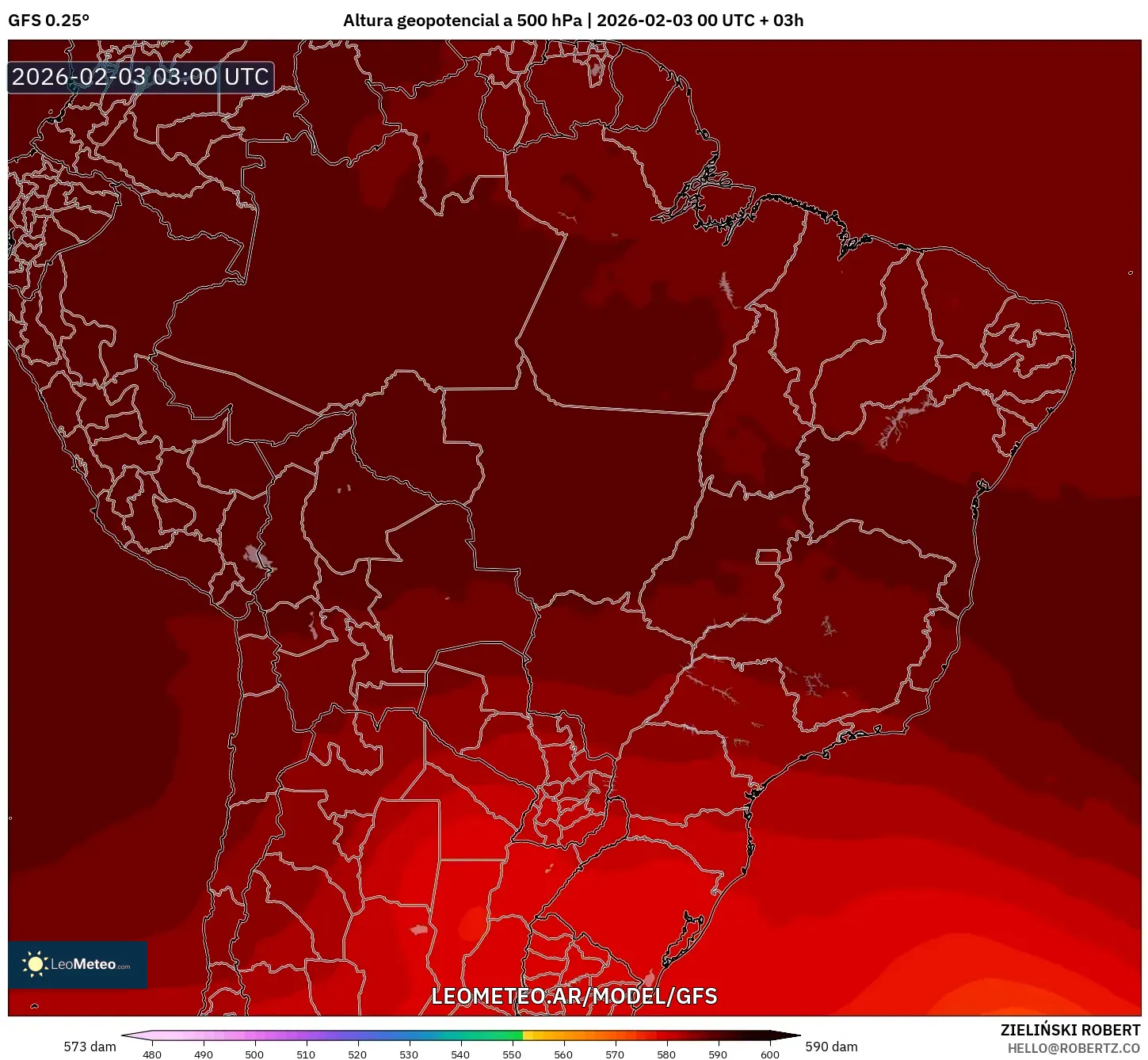 GFS model - Brasil, Altura geopotencial a 500 hPa
