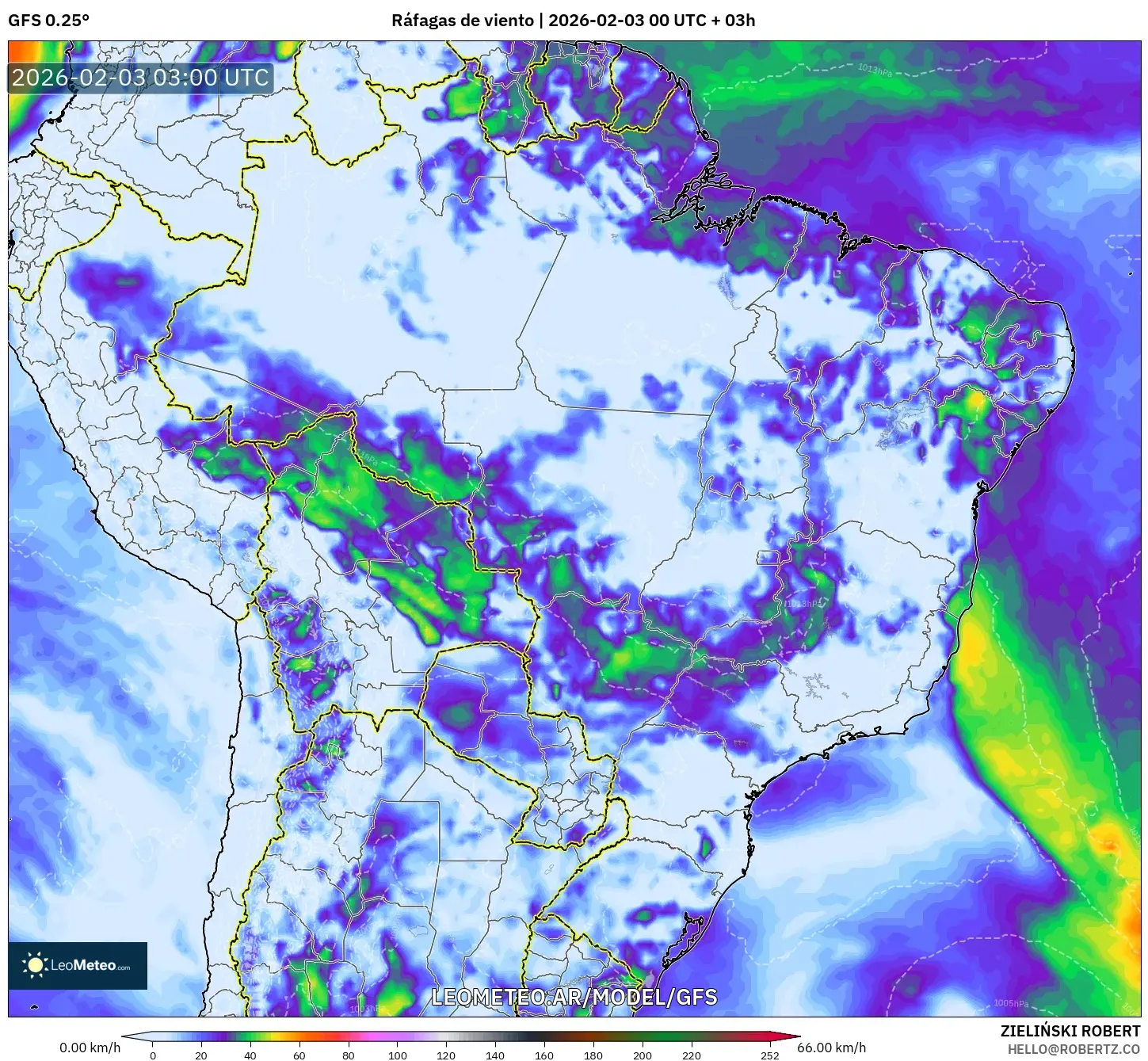 GFS model - Brasil, Ráfagas de viento