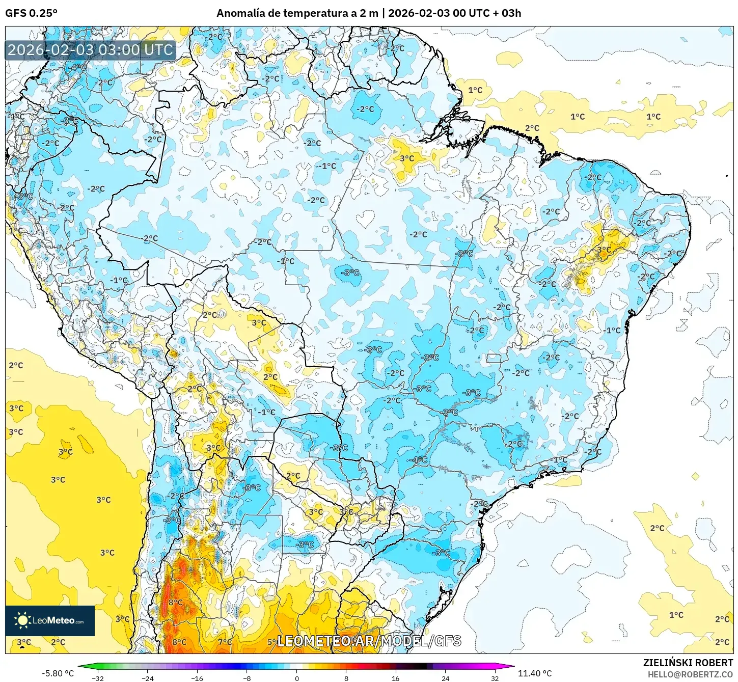 GFS model - Brasil, Anomalía de temperatura a 2 m