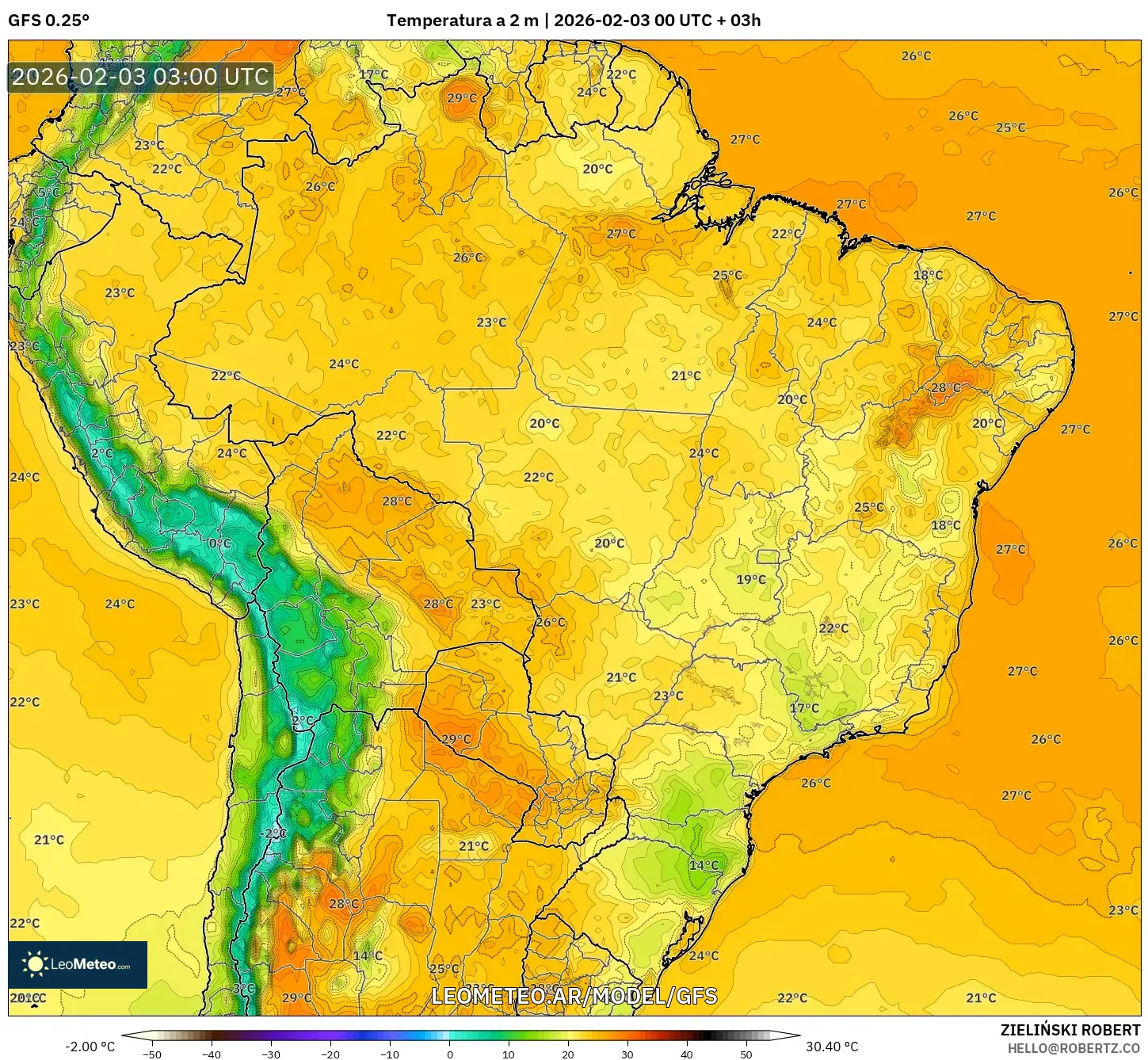 GFS model - Brasil, Temperatura a 2 m