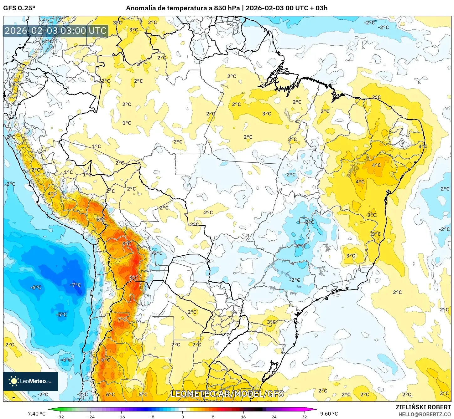 GFS model - Brasil, Anomalía de temperatura a 850 hPa