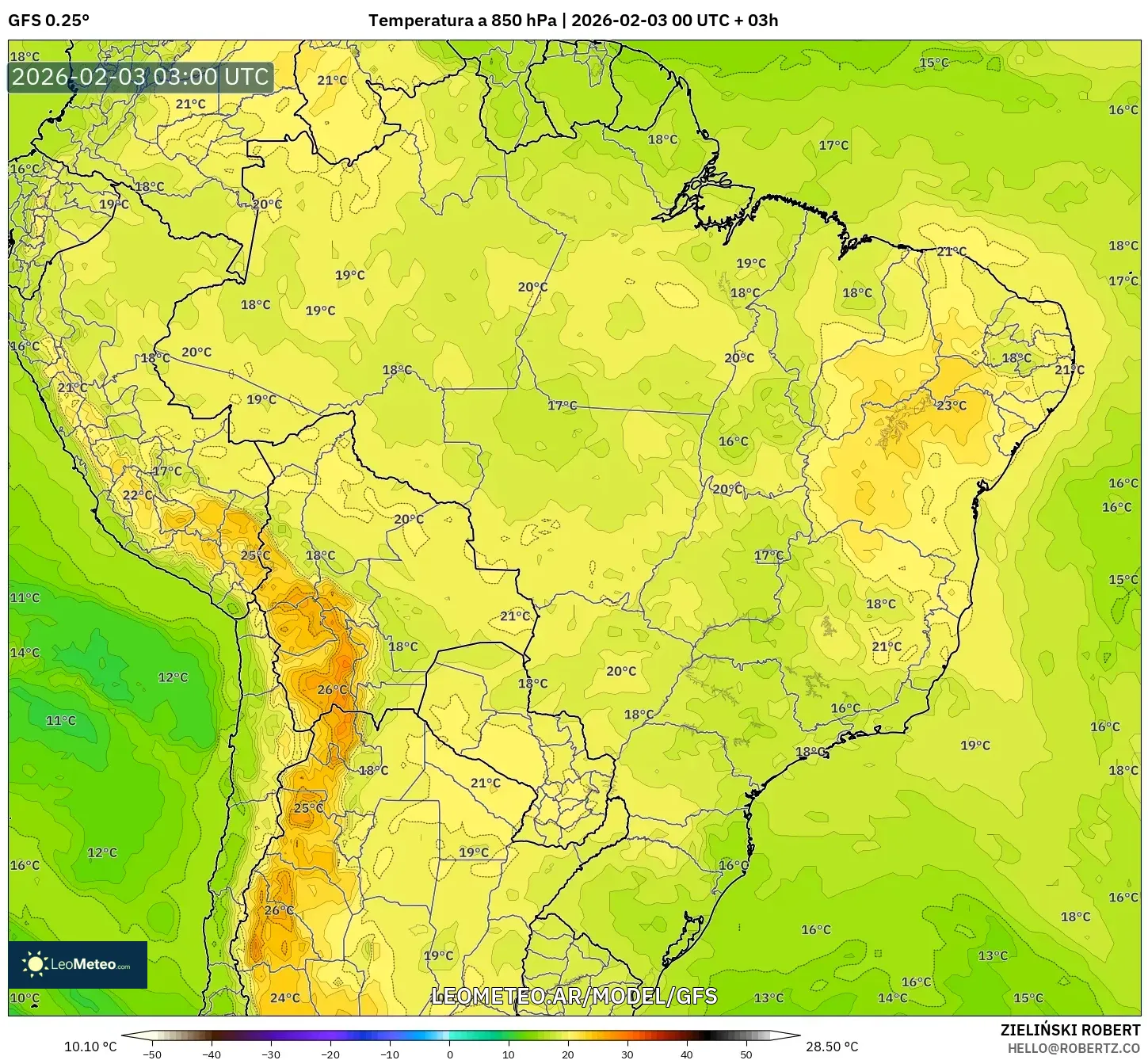 GFS model - Brasil, Temperatura a 850 hPa