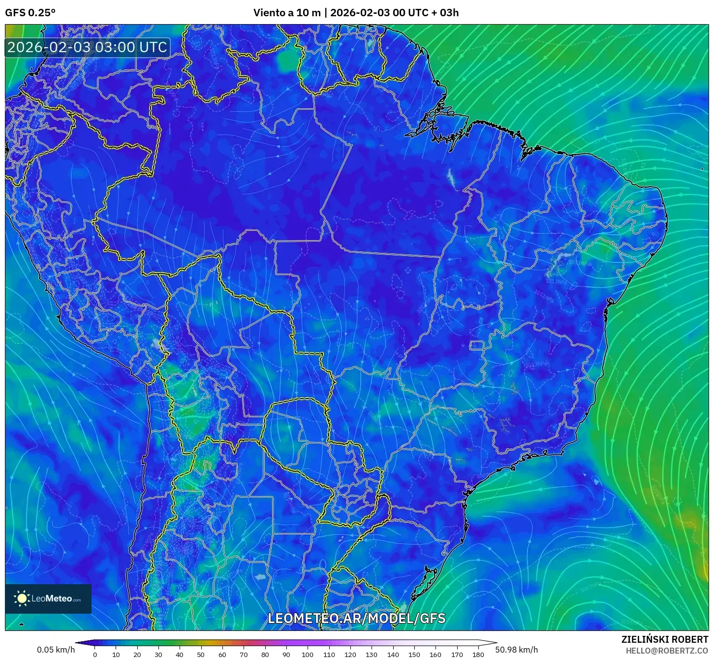 GFS model - Brasil, Viento a 10 m