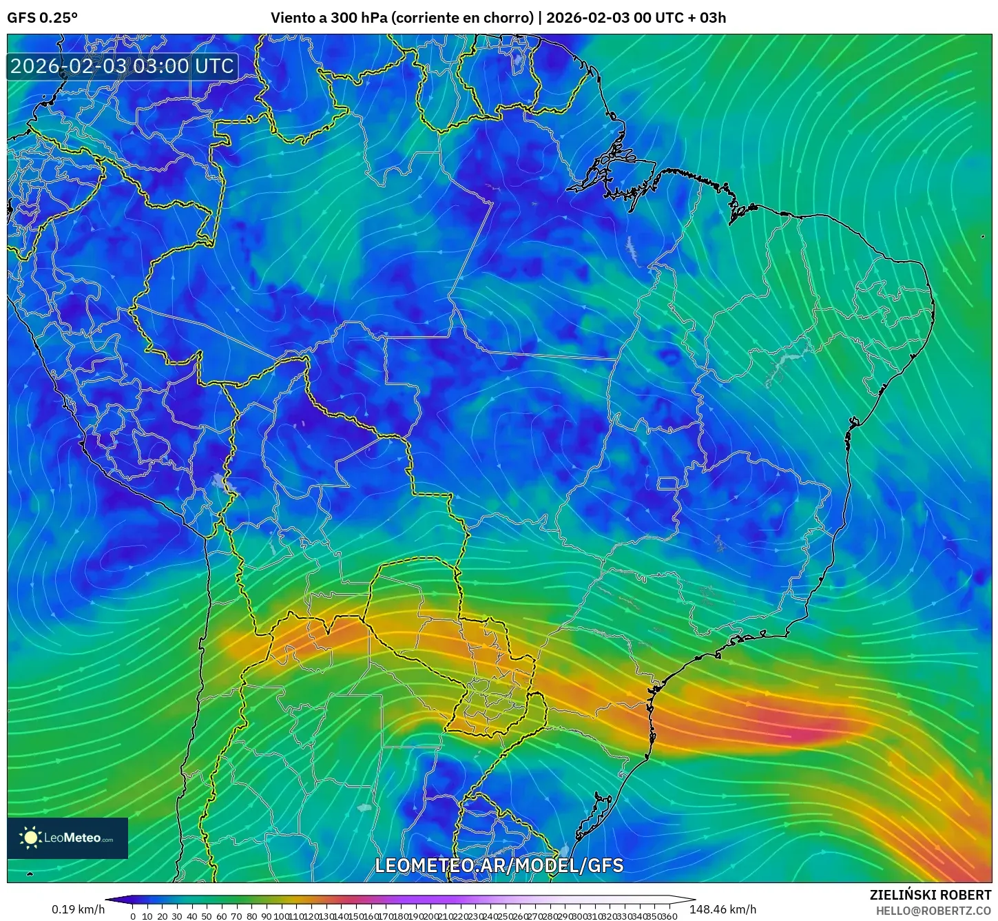 GFS model - Brasil, Viento a 300 hPa (corriente en chorro)