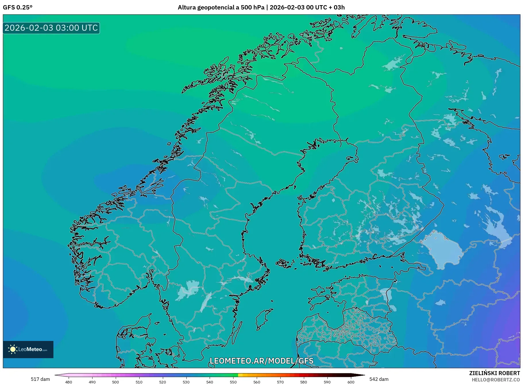 GFS model - Escandinavia, Altura geopotencial a 500 hPa