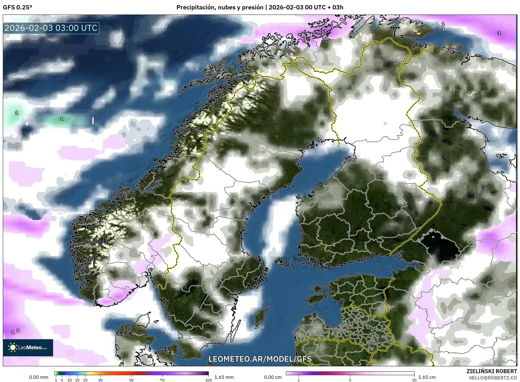 GFS model - Escandinavia, Precipitación, nubes y presión