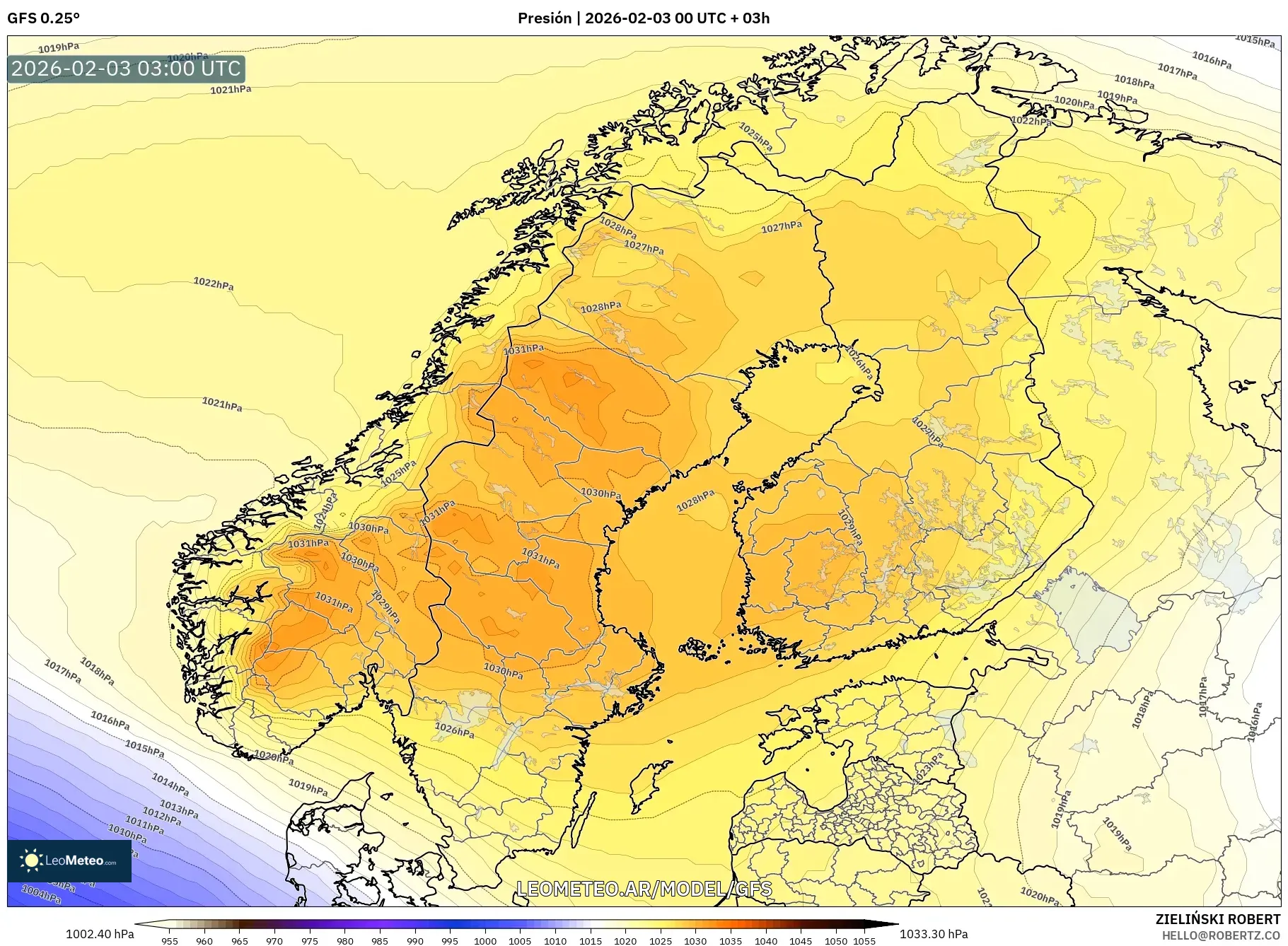 GFS model - Escandinavia, Presión