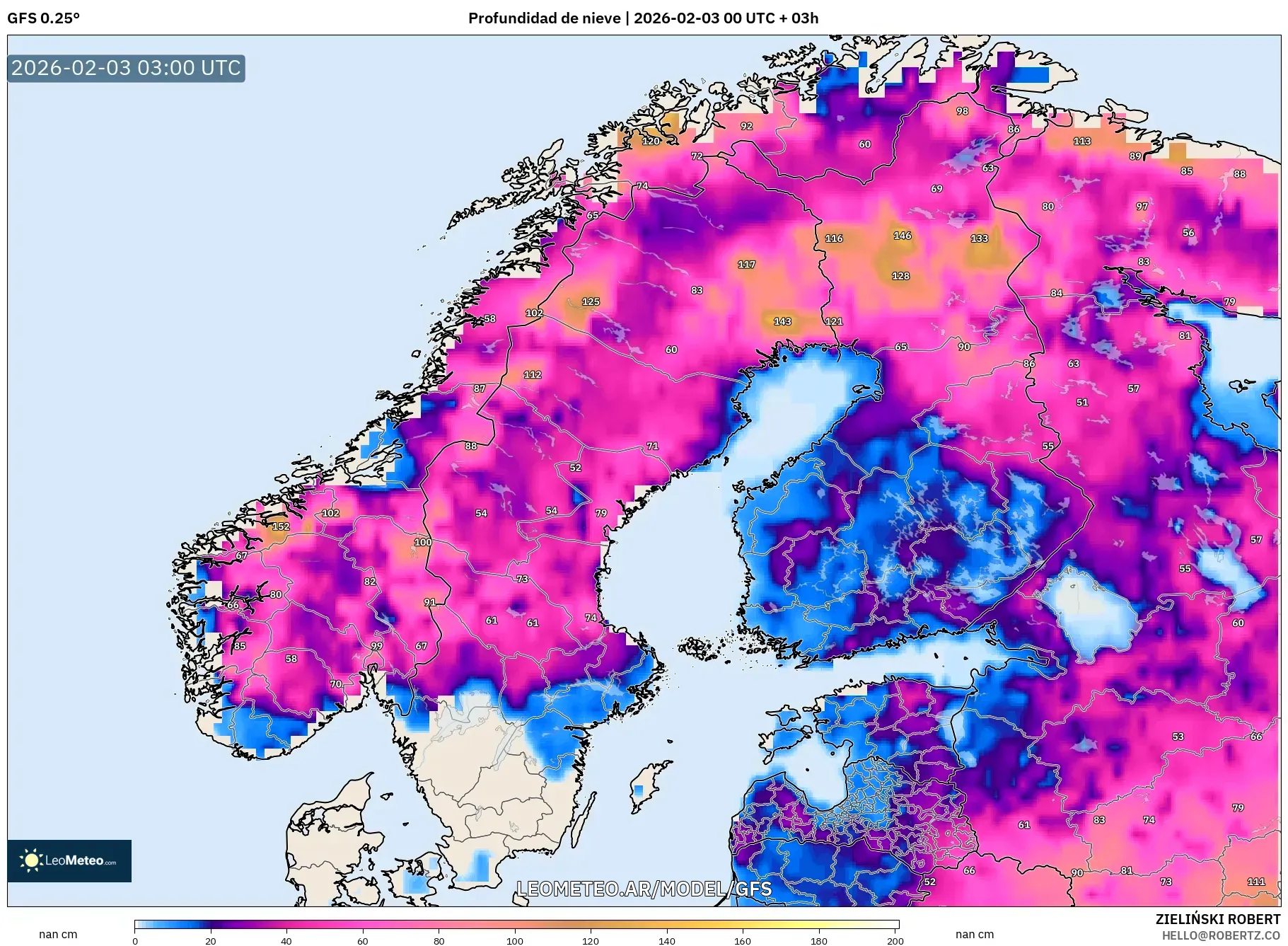GFS model - Escandinavia, Profundidad de nieve