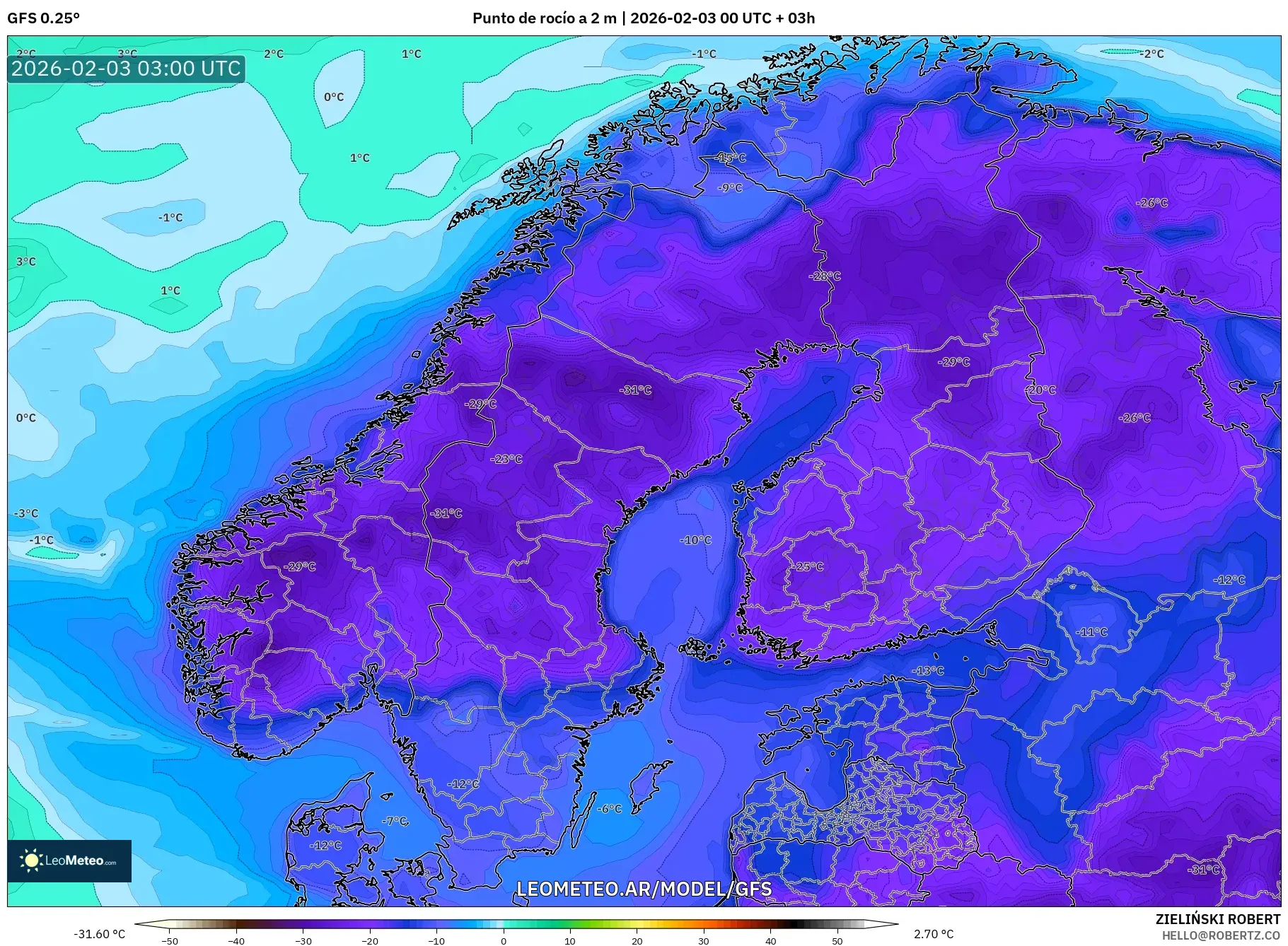 GFS model - Escandinavia, Punto de rocío a 2 m