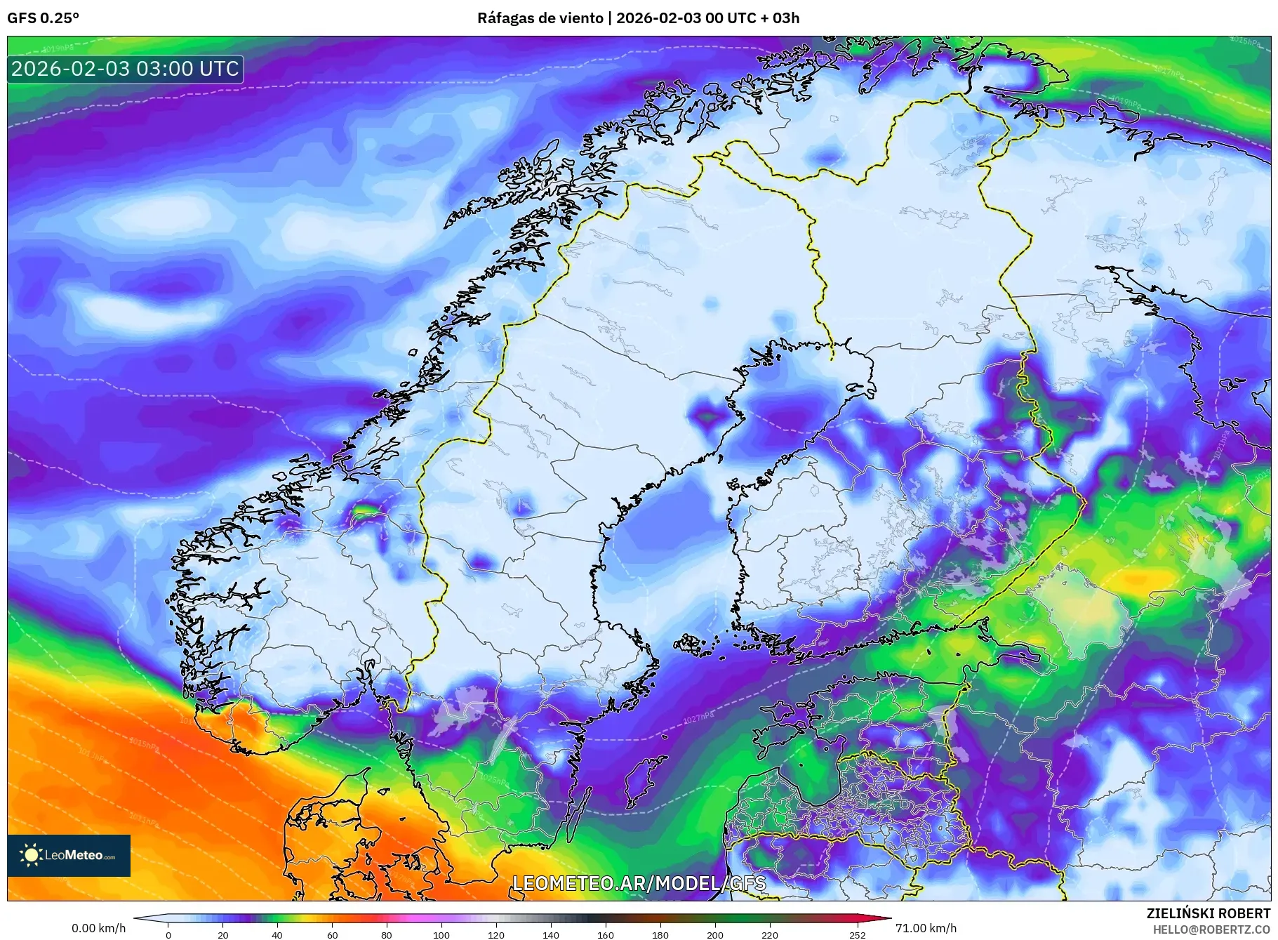 GFS model - Escandinavia, Ráfagas de viento